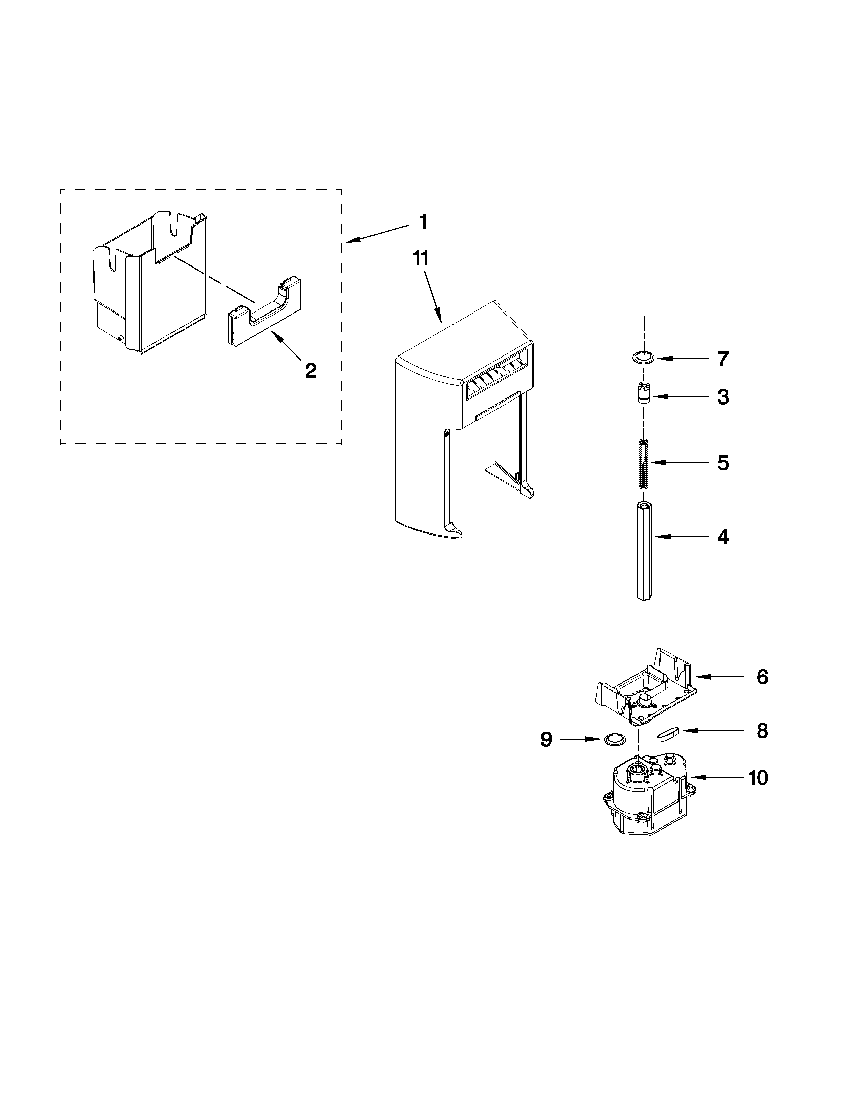 Whirlpool WSF26C2EXF01 motor and ice container parts diagram