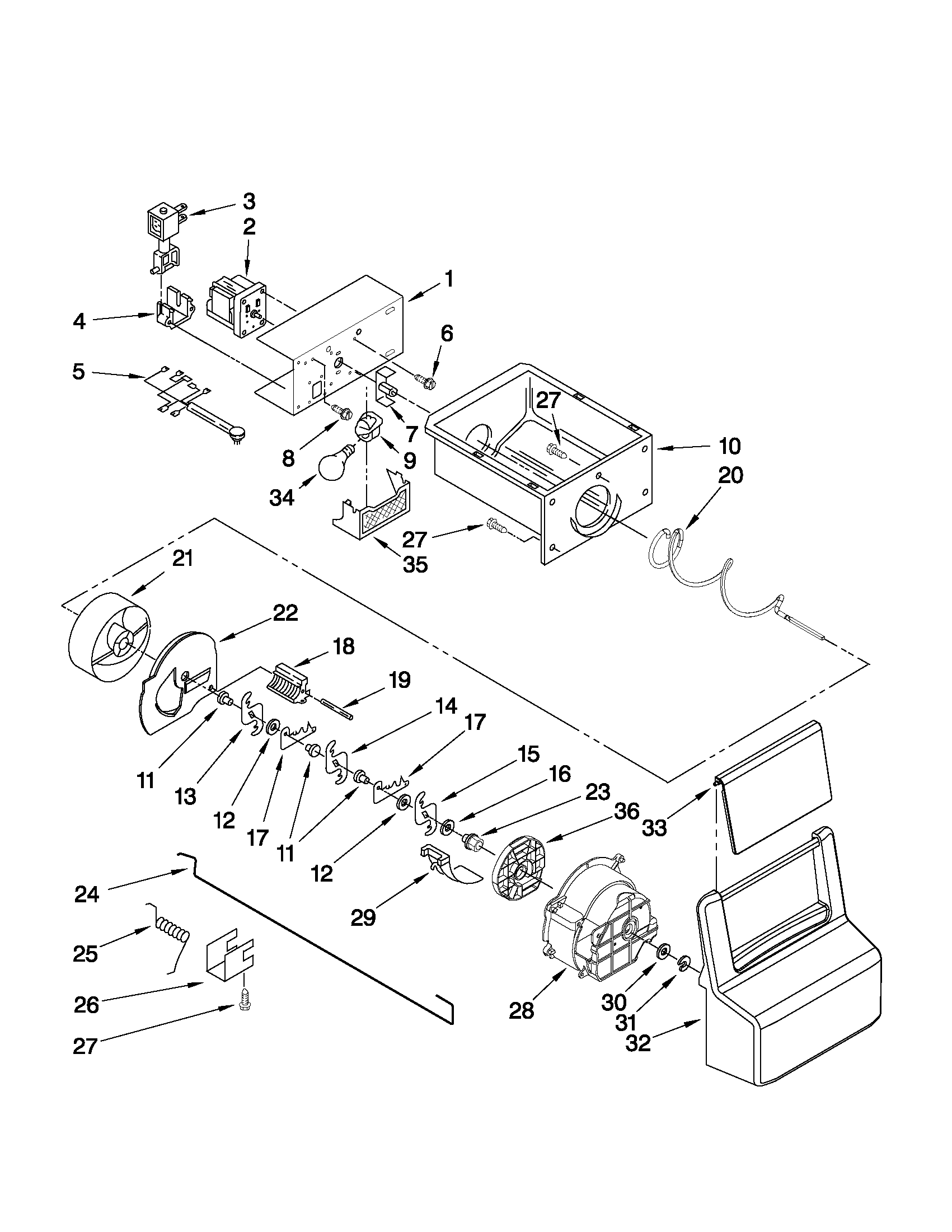 Whirlpool WSF26D4EXS03 motor and ice container parts diagram
