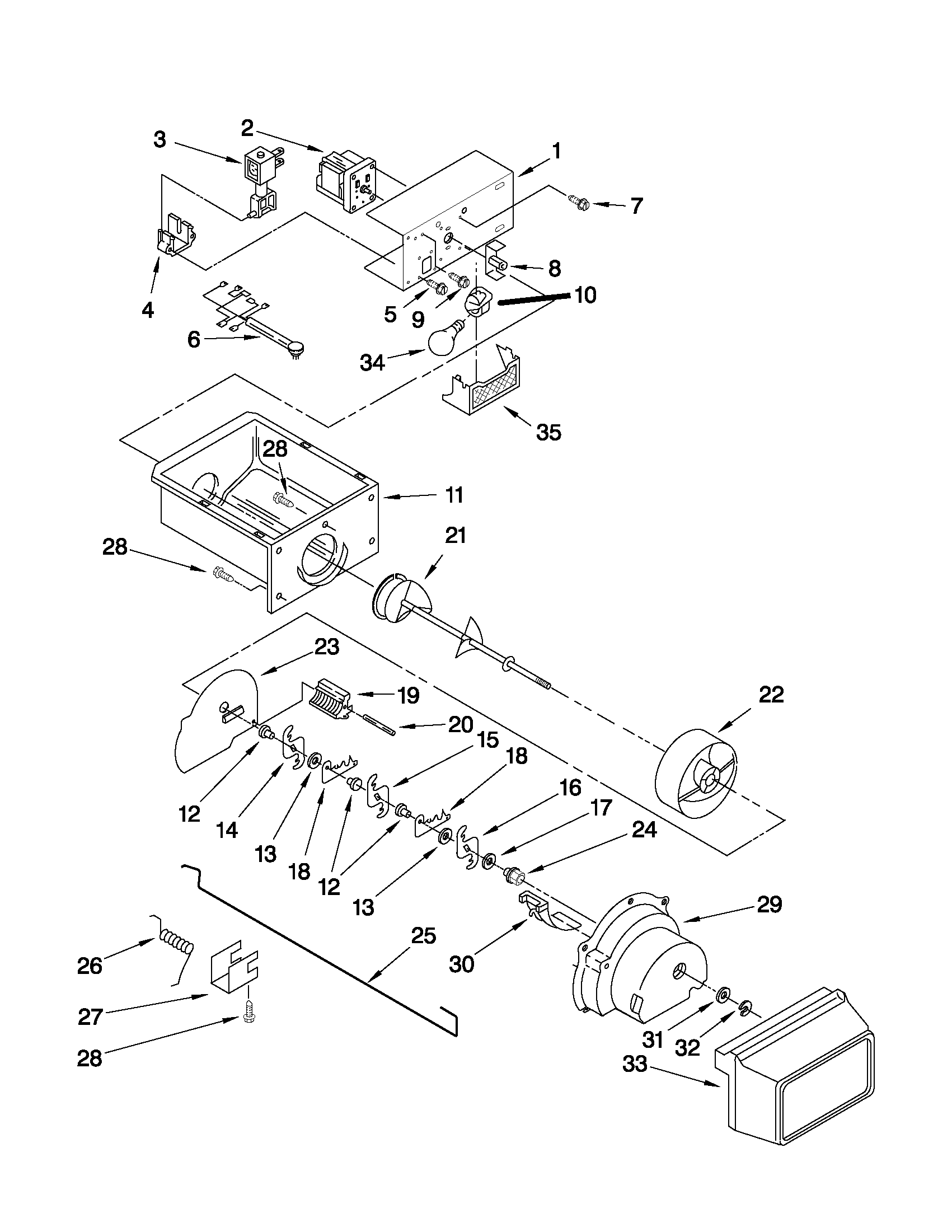Whirlpool ED2KVEXVQ01 motor and ice container parts diagram