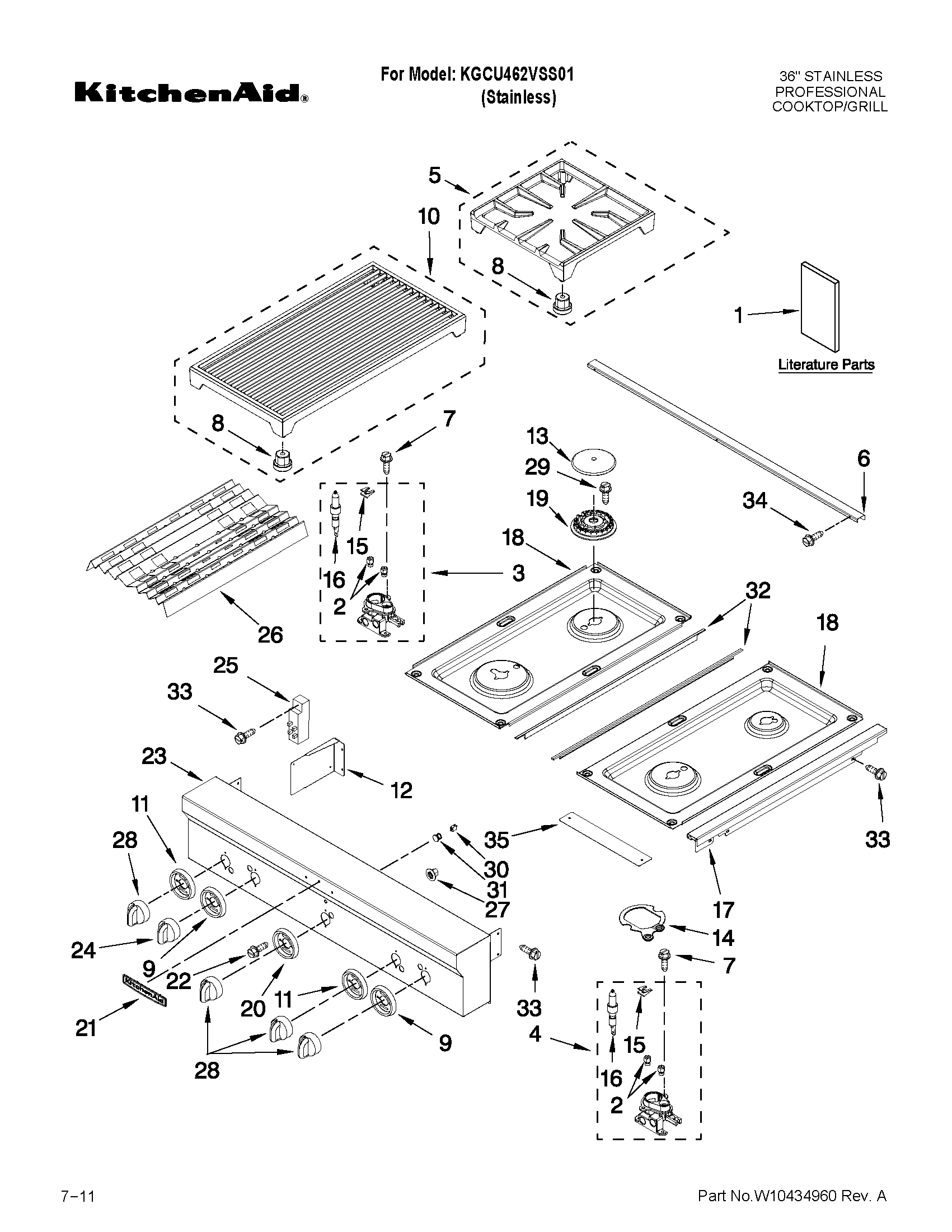 KitchenAid KGCU462VSS01 cooktop, burner and grate parts diagram