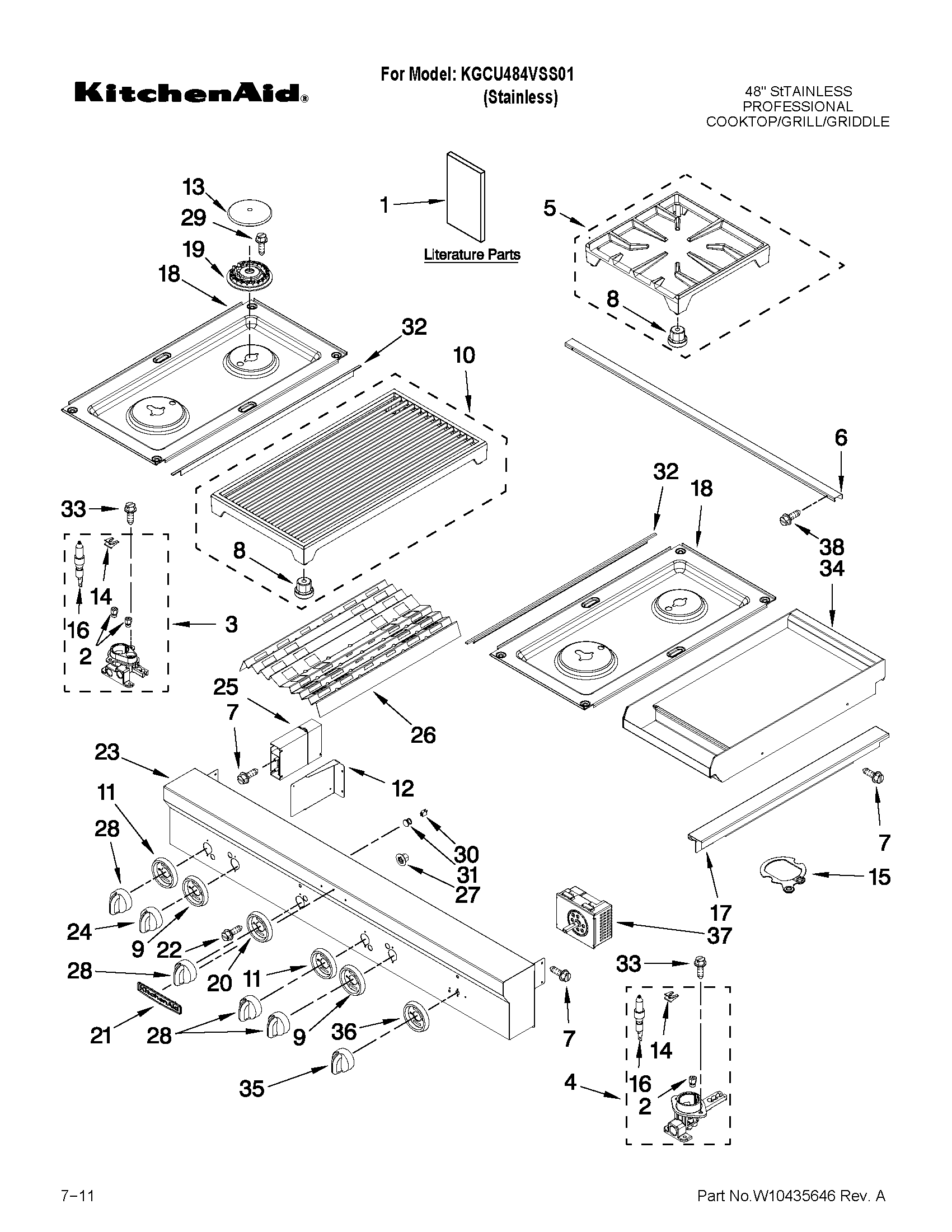 KitchenAid KGCU484VSS01 cooktop, burner and grate parts diagram