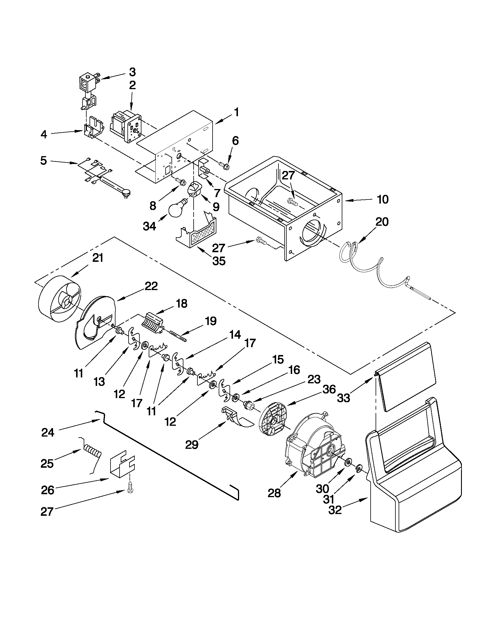 Maytag MSD2272VES02 motor and ice container parts diagram
