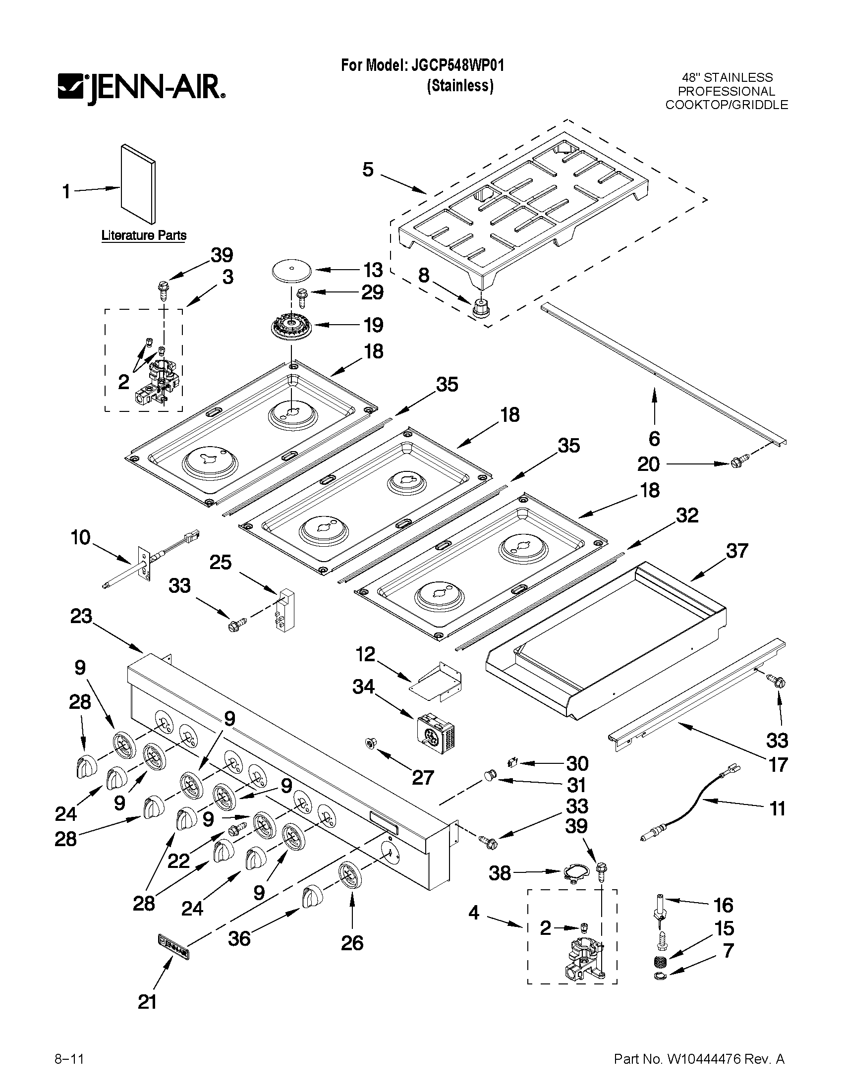 Jenn-Air JGCP548WP01 cooktop, burner and grate parts diagram