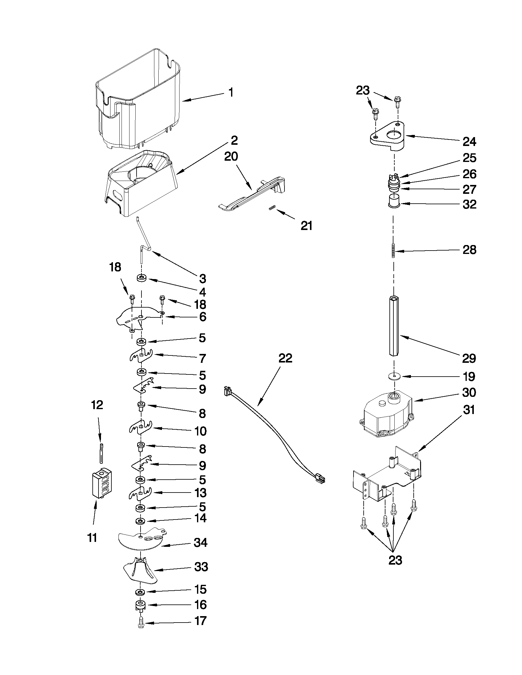 KitchenAid KSCS25FVMS02 motor and ice container parts diagram