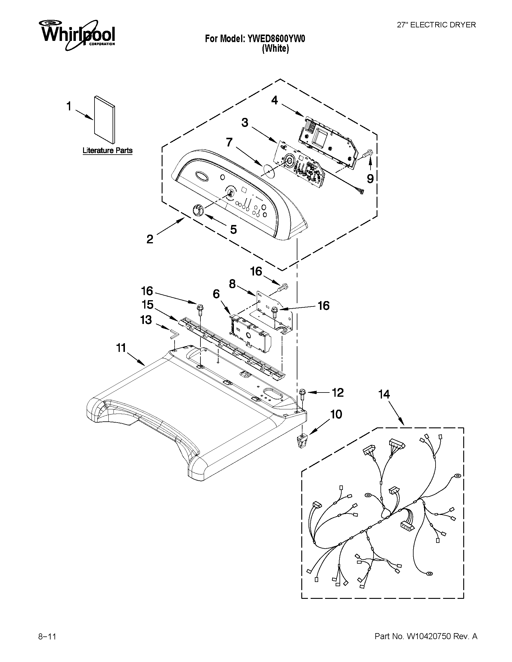 Whirlpool YWED8600YW0 top and console parts diagram