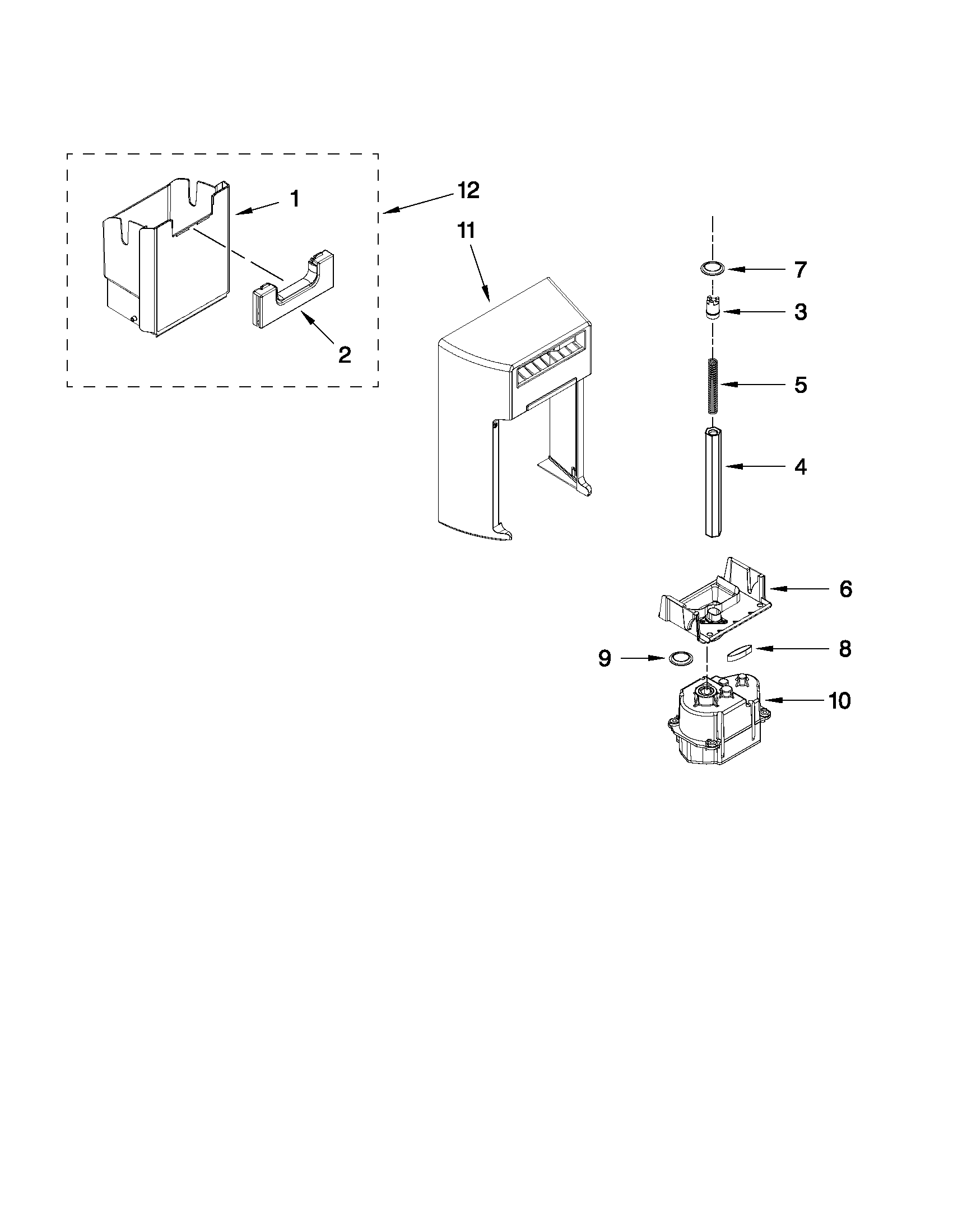 Whirlpool GSF26C4EXS03 motor and ice container parts diagram