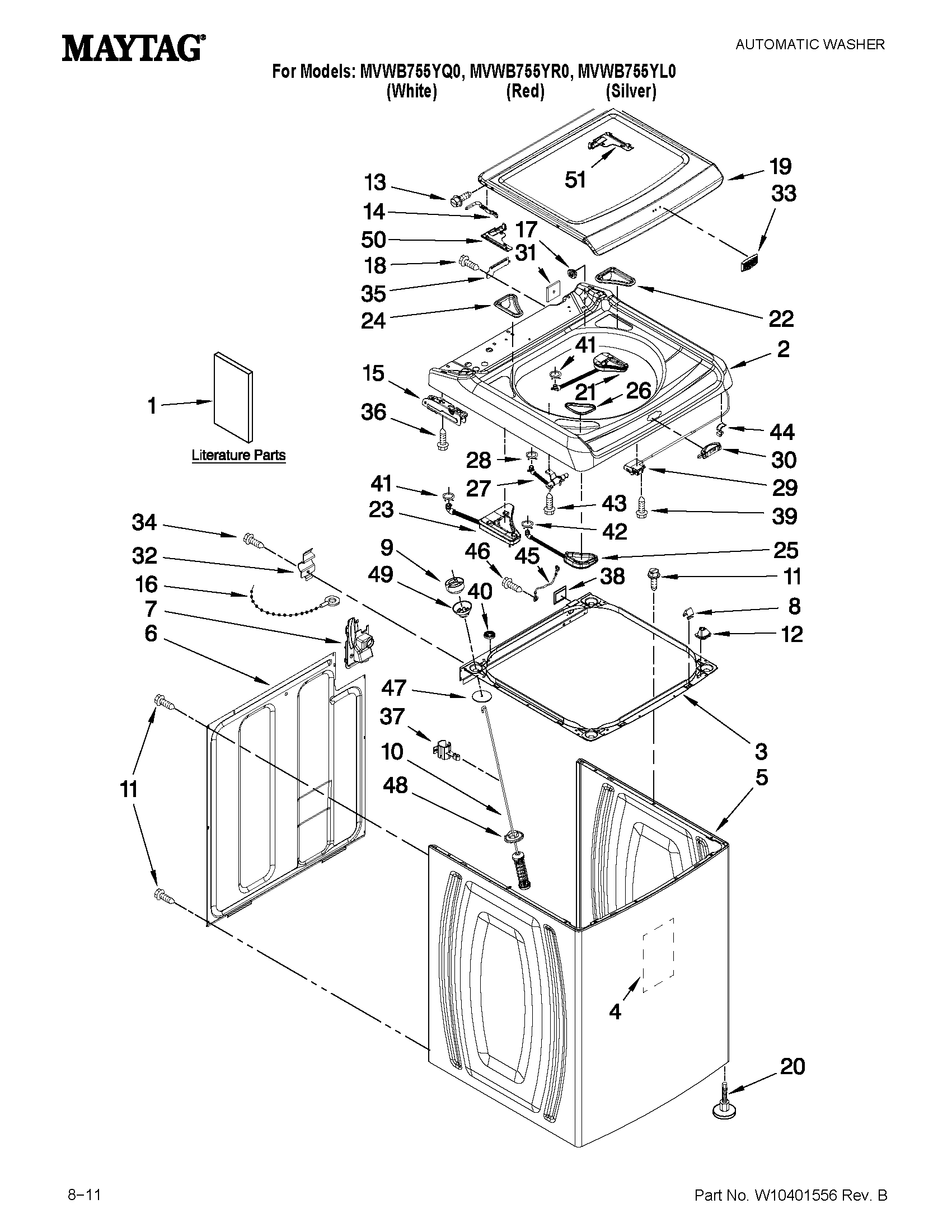 Maytag MVWB755YR0 top and cabinet parts diagram