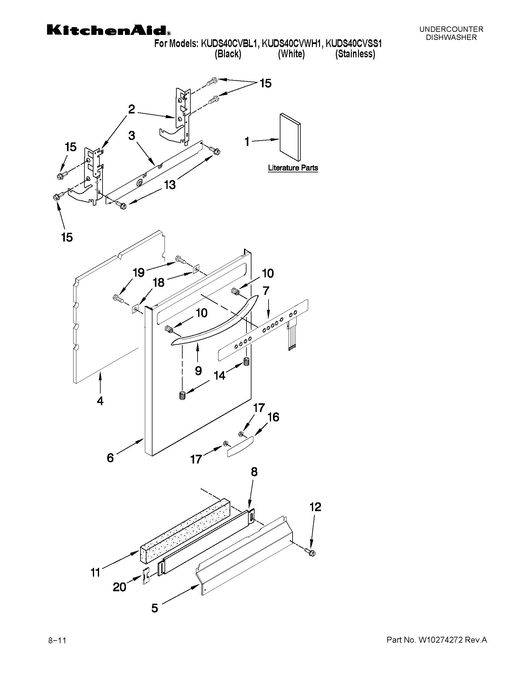 KitchenAid KUDS40CVBL1 door and panel parts diagram