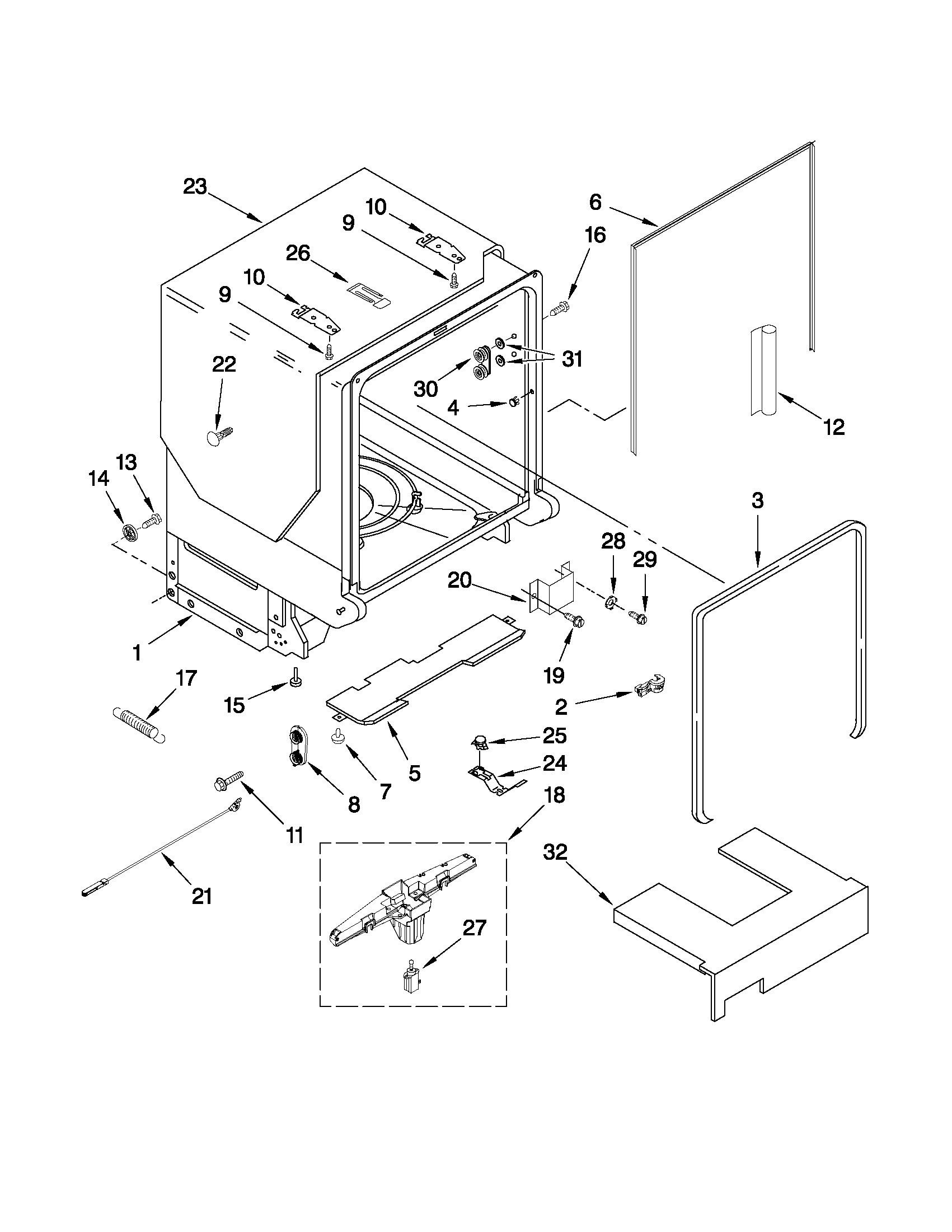 KitchenAid KUDS40CVBL1 tub and frame parts diagram