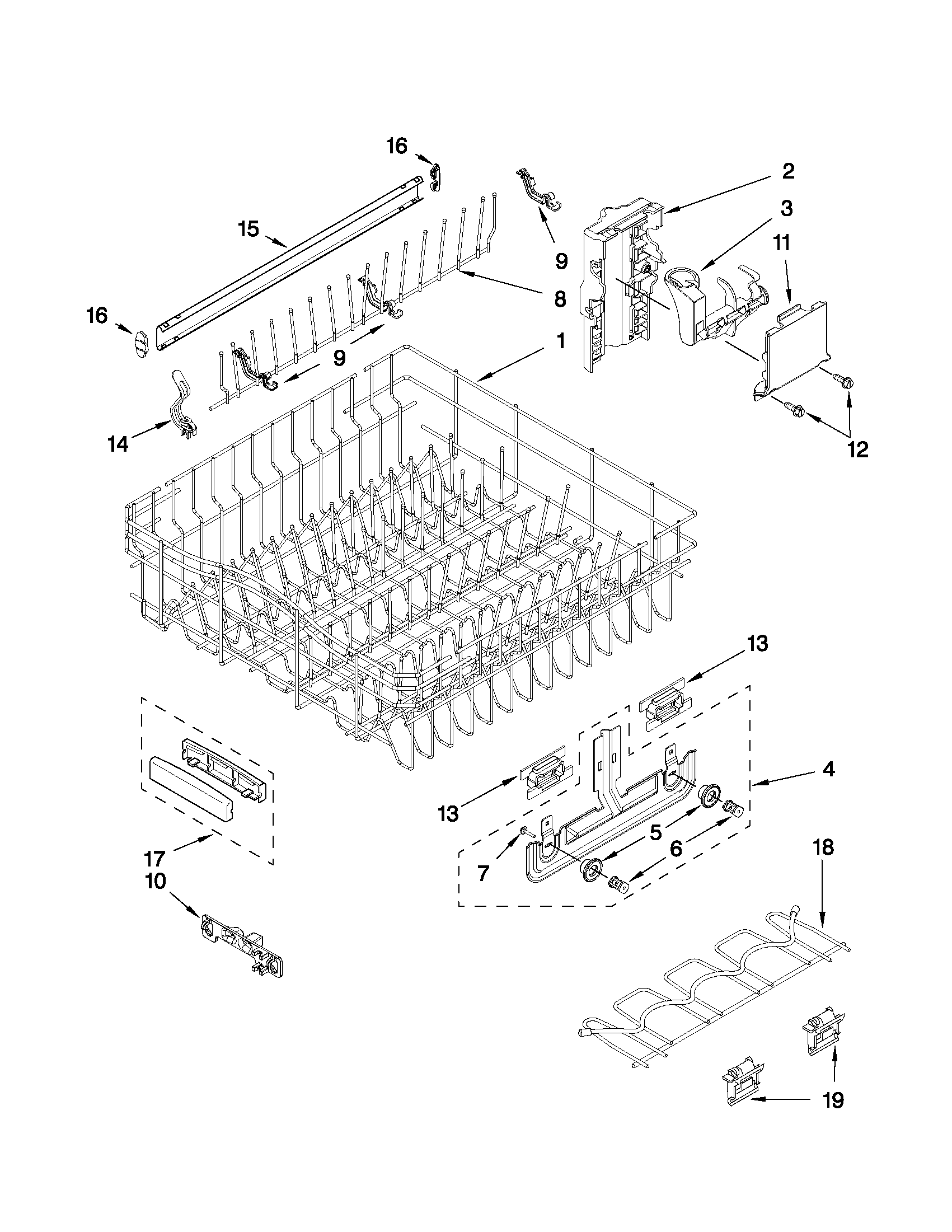 KitchenAid KUDS40CVBL1 upper rack and track parts diagram