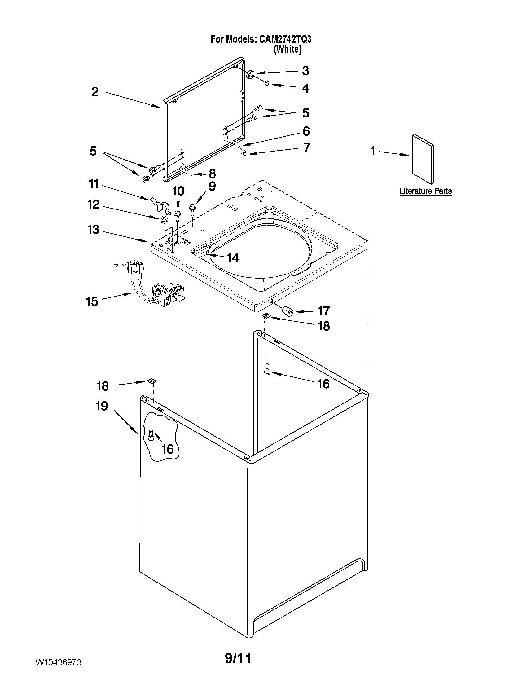 Whirlpool CAM2742TQ3 top and cabinet parts diagram