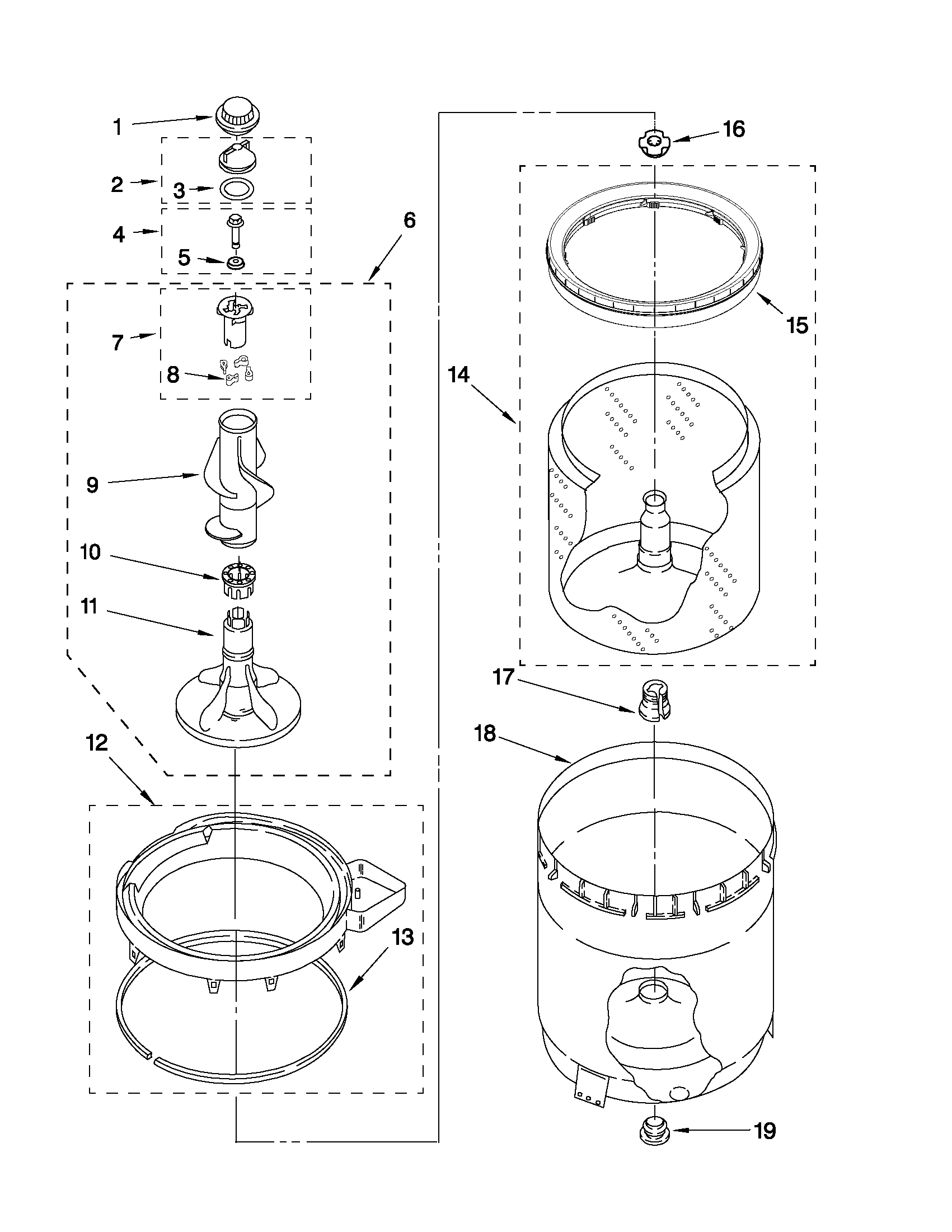 Whirlpool CAM2742TQ3 agitator, basket and tub parts diagram