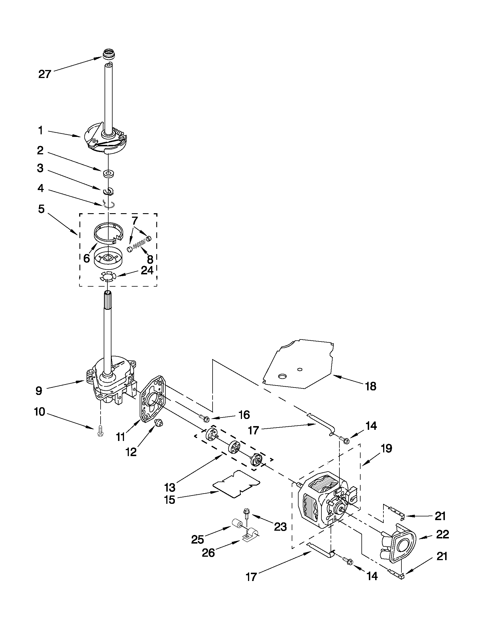 Whirlpool CAM2742TQ3 brake, clutch, gearcase, motor and pump parts diagram