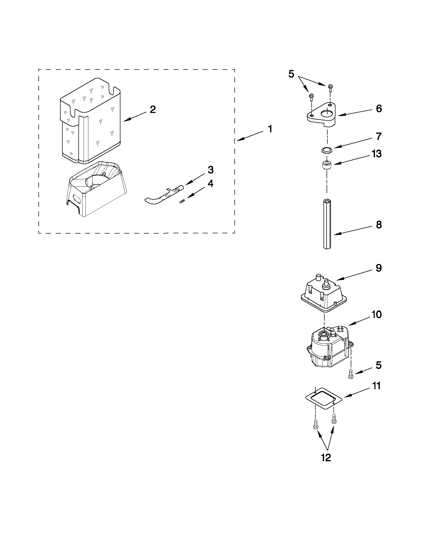 Whirlpool ED5LHAXWS01 motor and ice container parts diagram