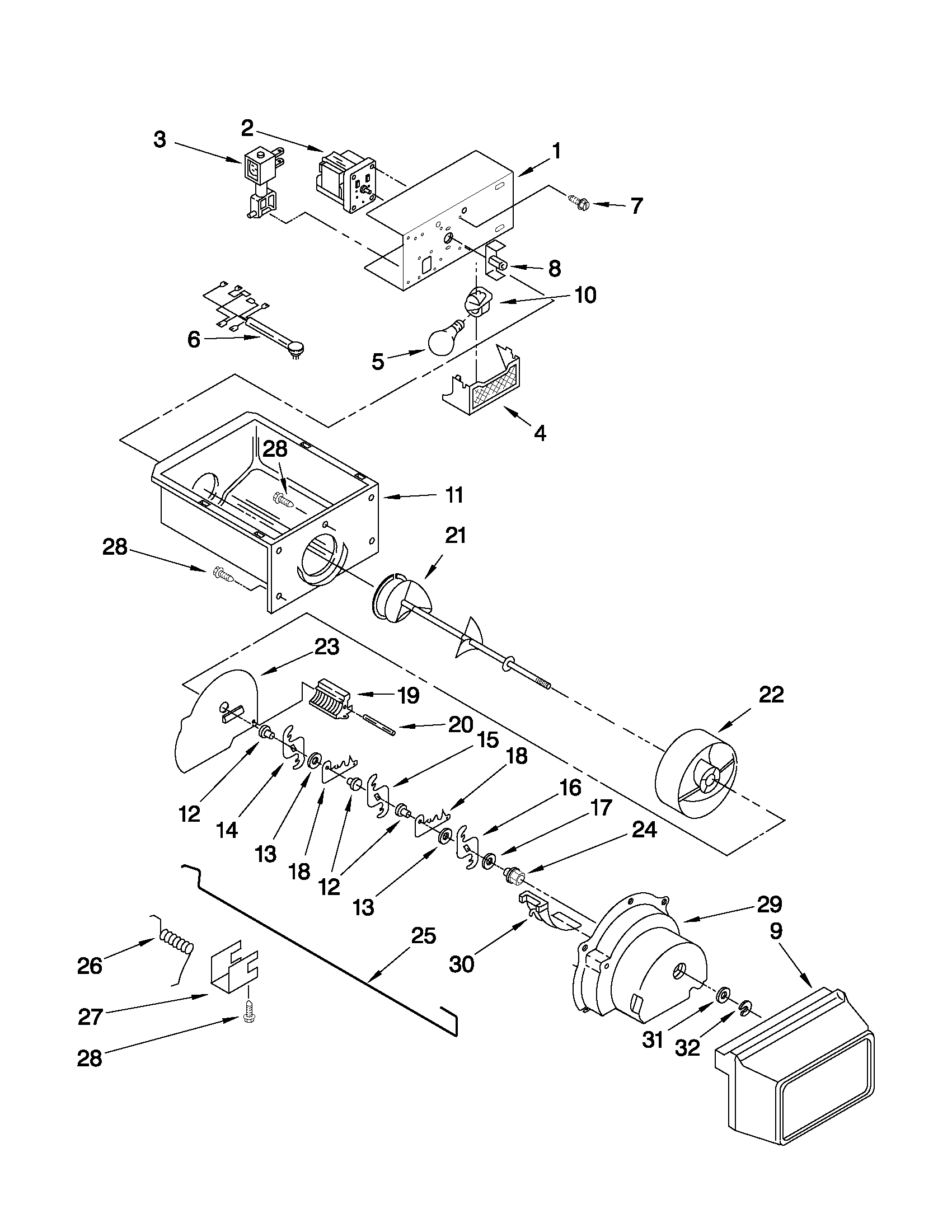 Ikea ID5HHEXWS03 motor and ice container parts diagram