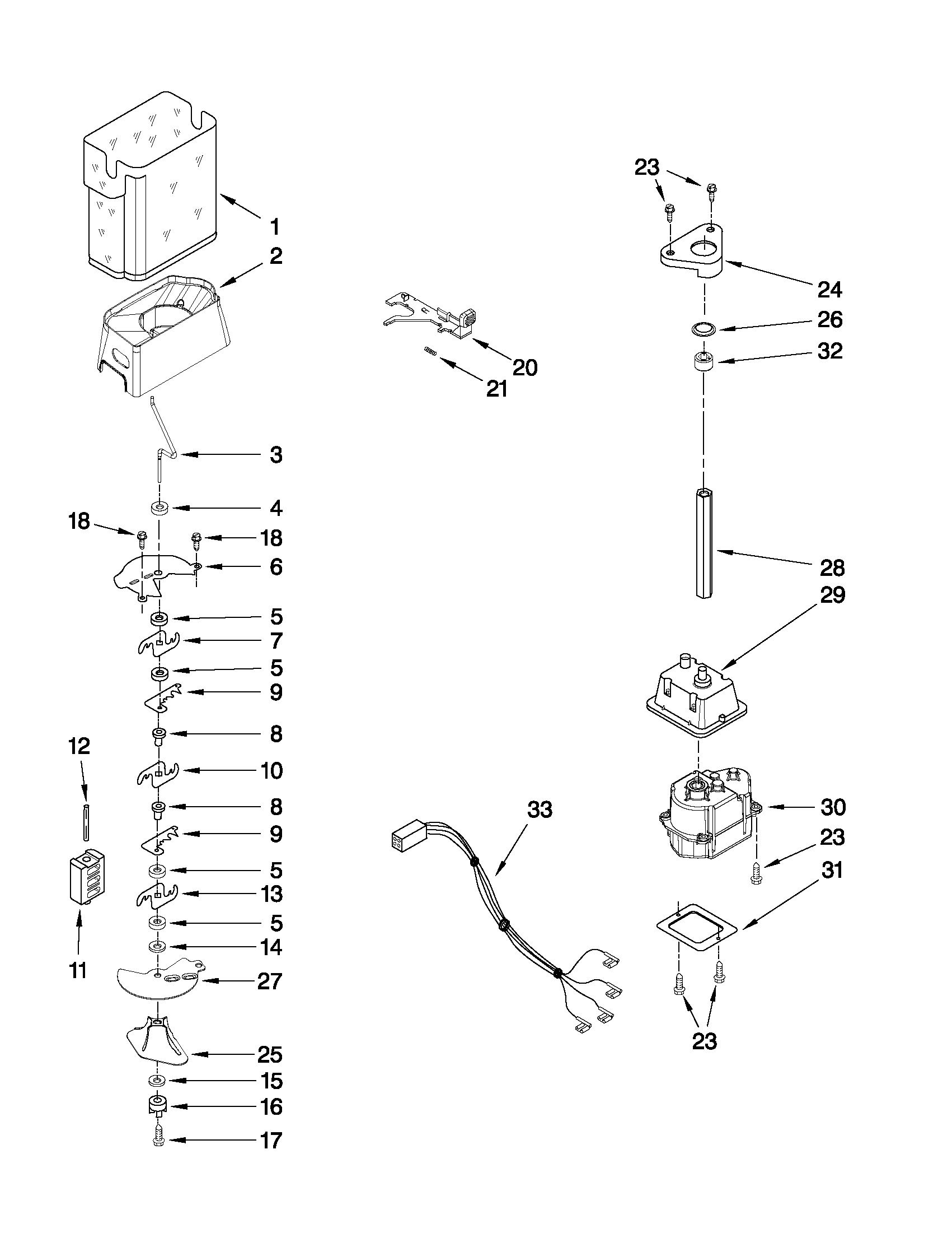Whirlpool GC3SHAXVS03 motor and ice container parts diagram