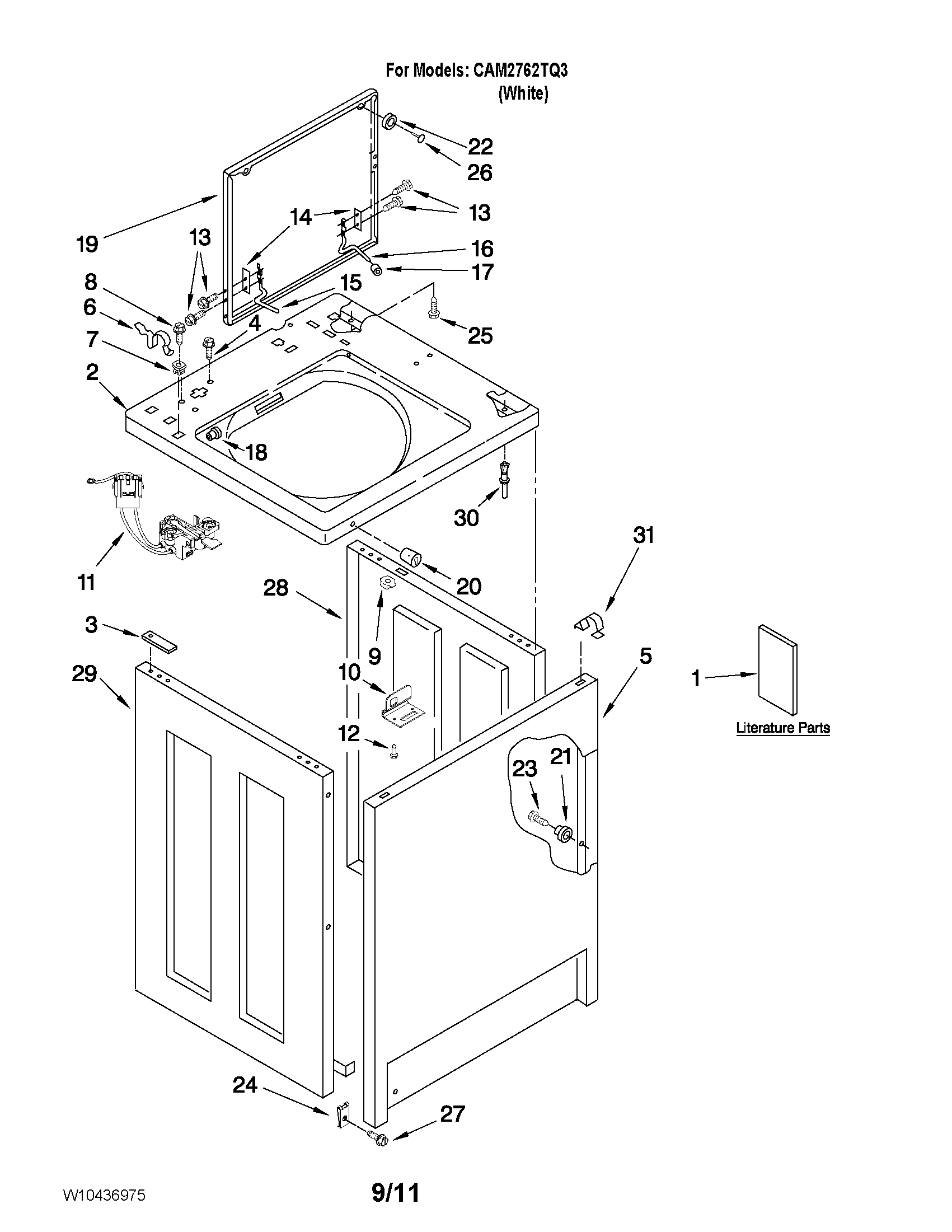 Whirlpool CAM2762TQ3 top and cabinet parts diagram