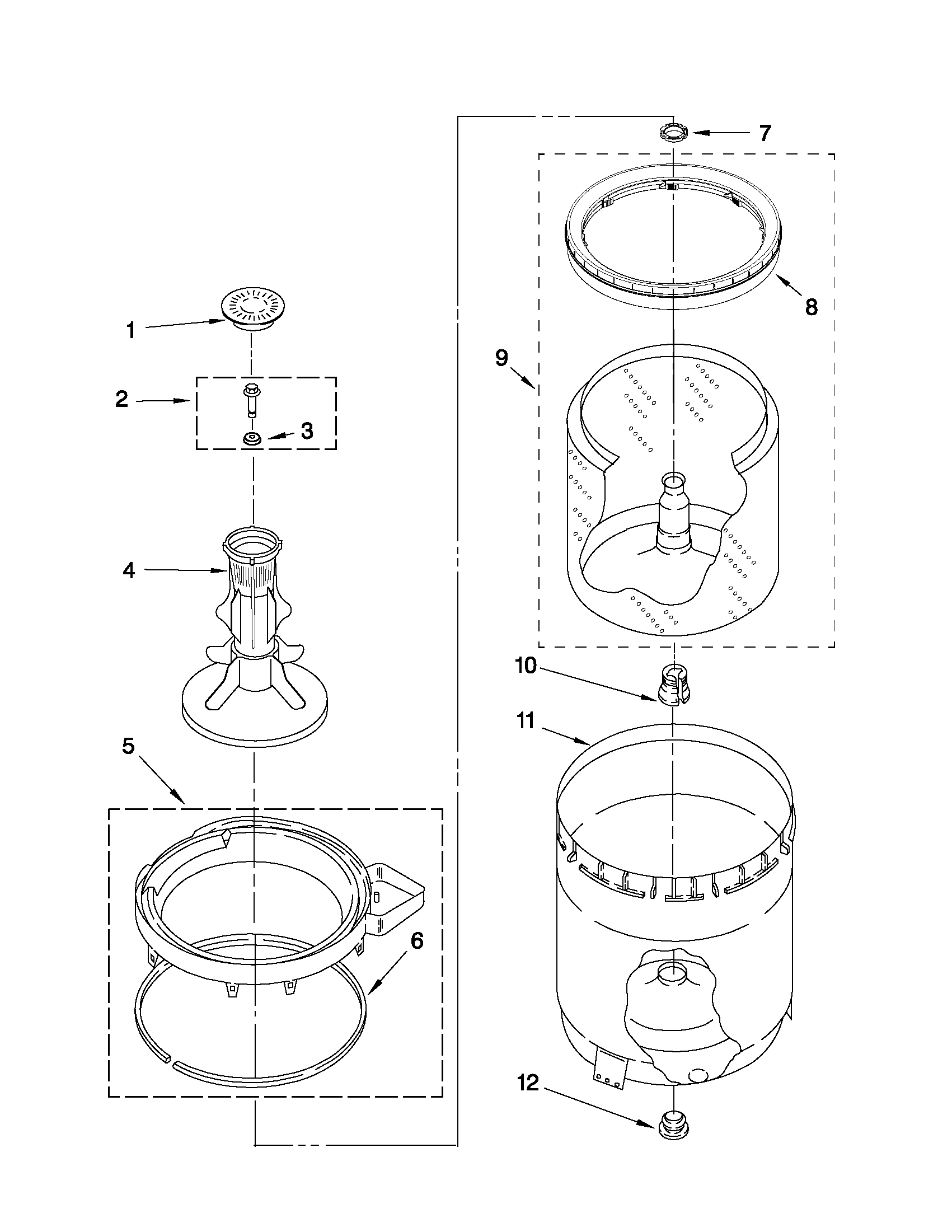 Whirlpool CAM2762TQ3 agitator, basket and tub parts diagram