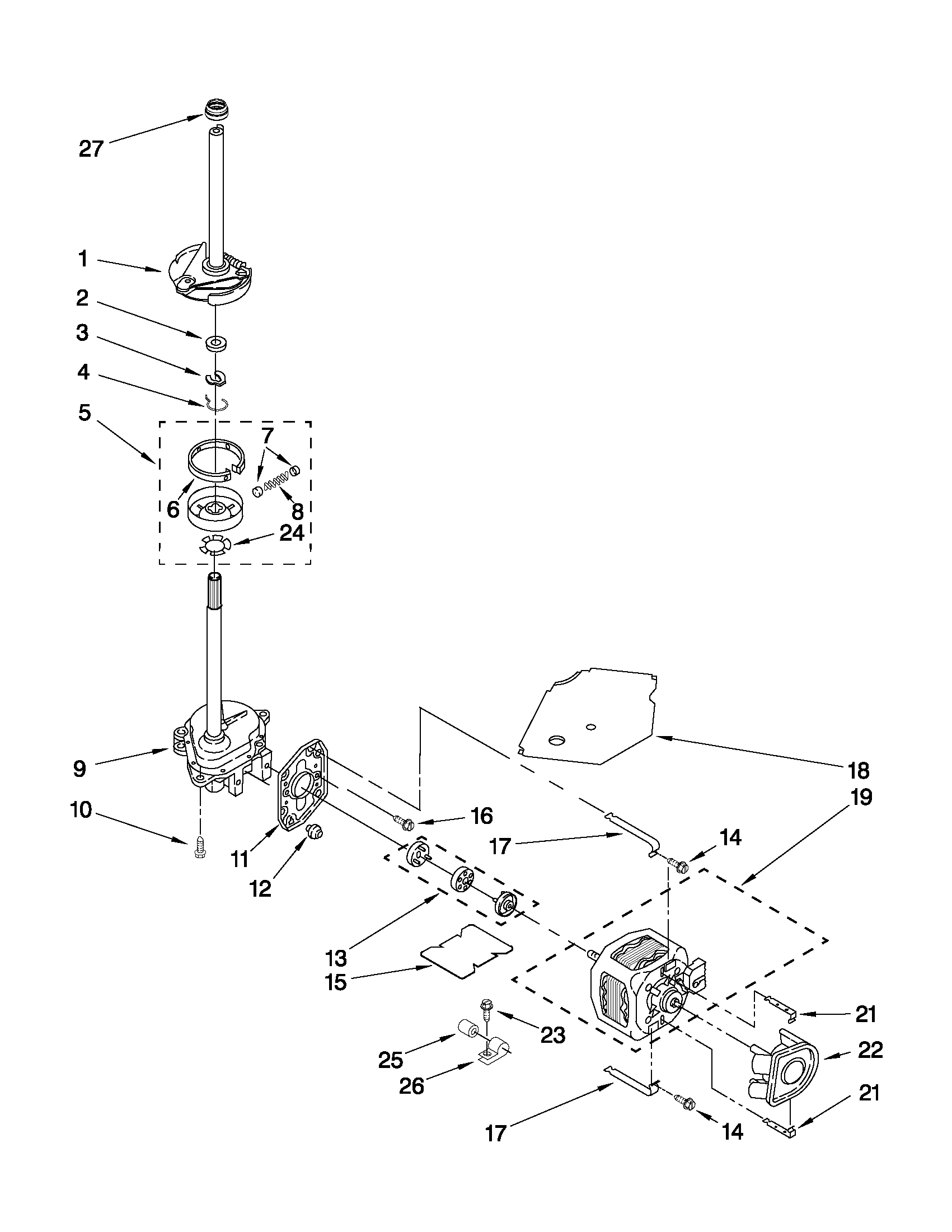 Whirlpool CAM2762TQ3 brake, clutch, gearcase, motor and pump parts diagram
