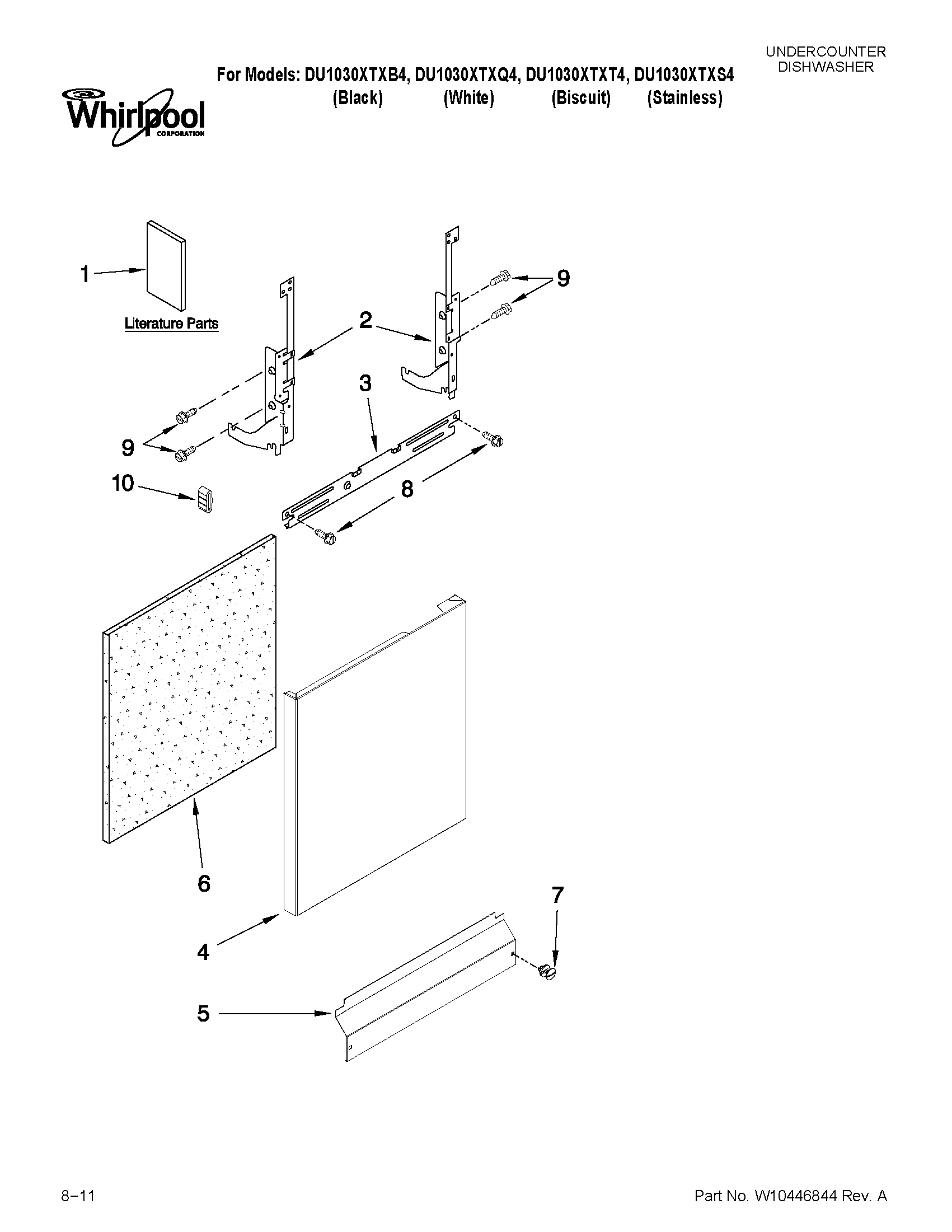 Whirlpool DU1030XTXT4 door and panel parts diagram