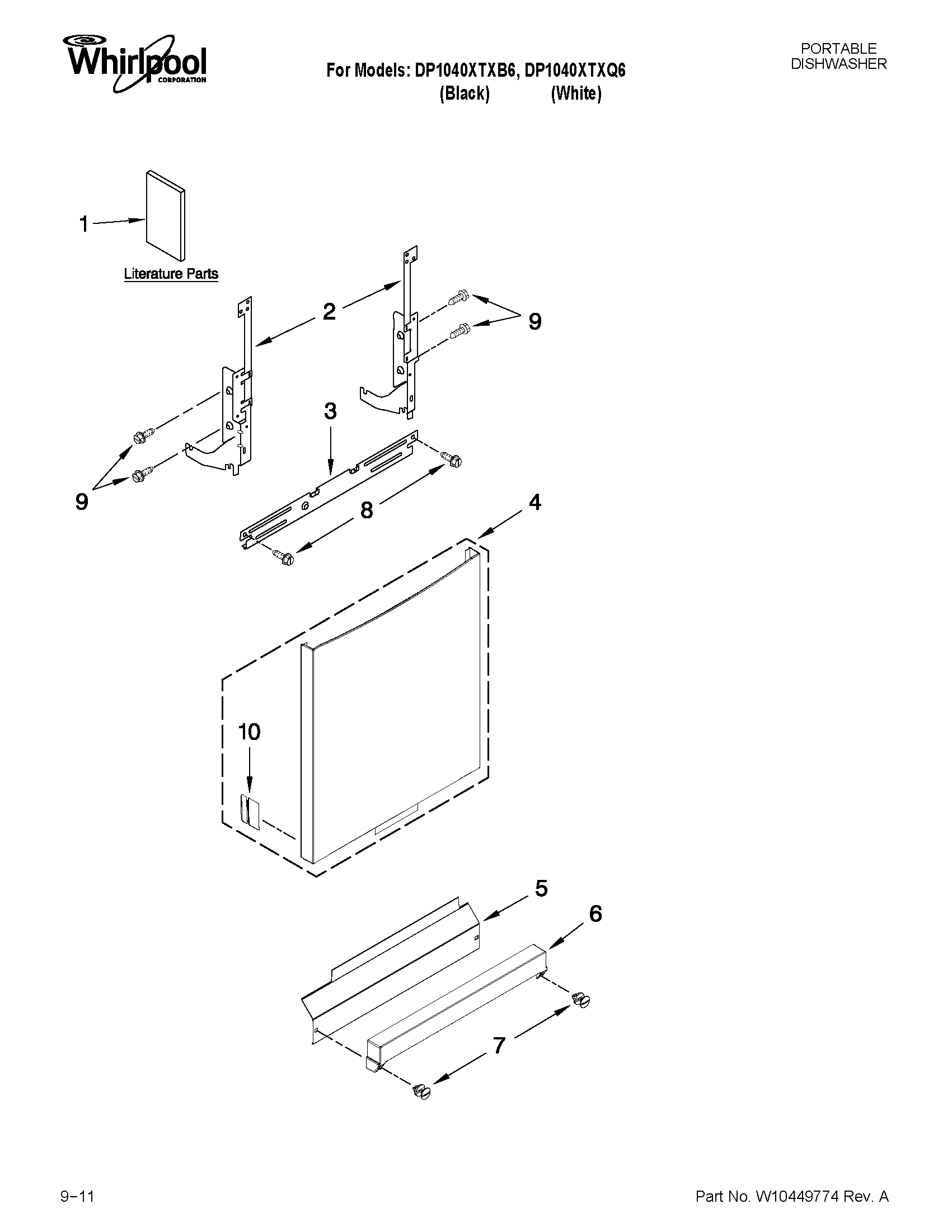 Whirlpool DP1040XTXQ6 door and panel parts diagram