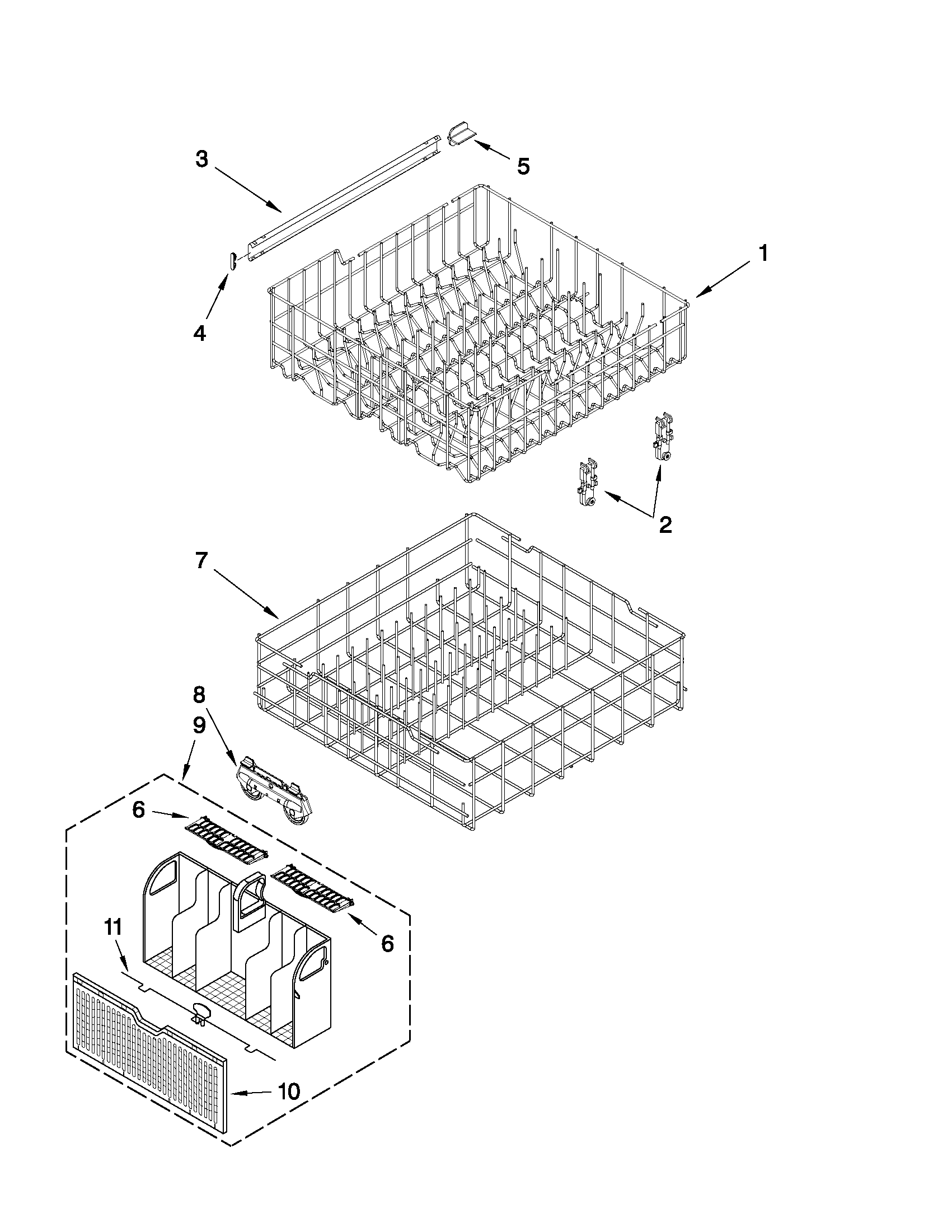 Whirlpool DP1040XTXQ6 upper and lower rack and track parts diagram