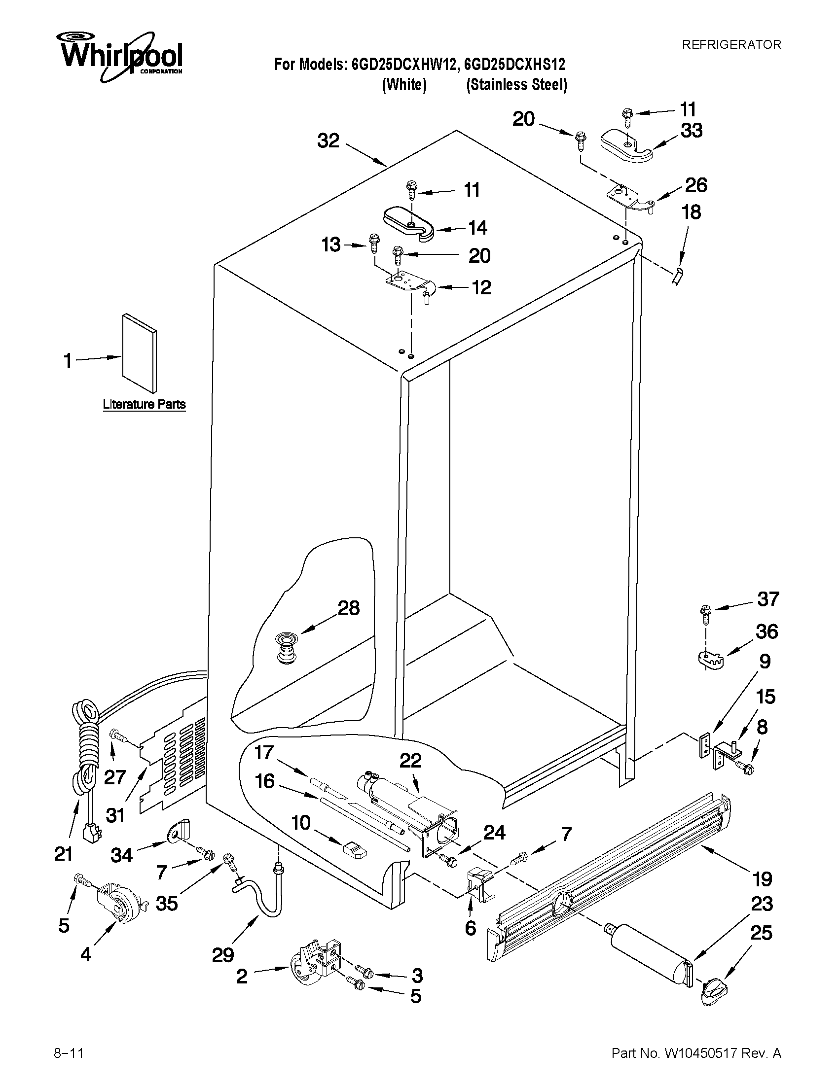 Whirlpool 6GD25DCXHW12 cabinet parts diagram