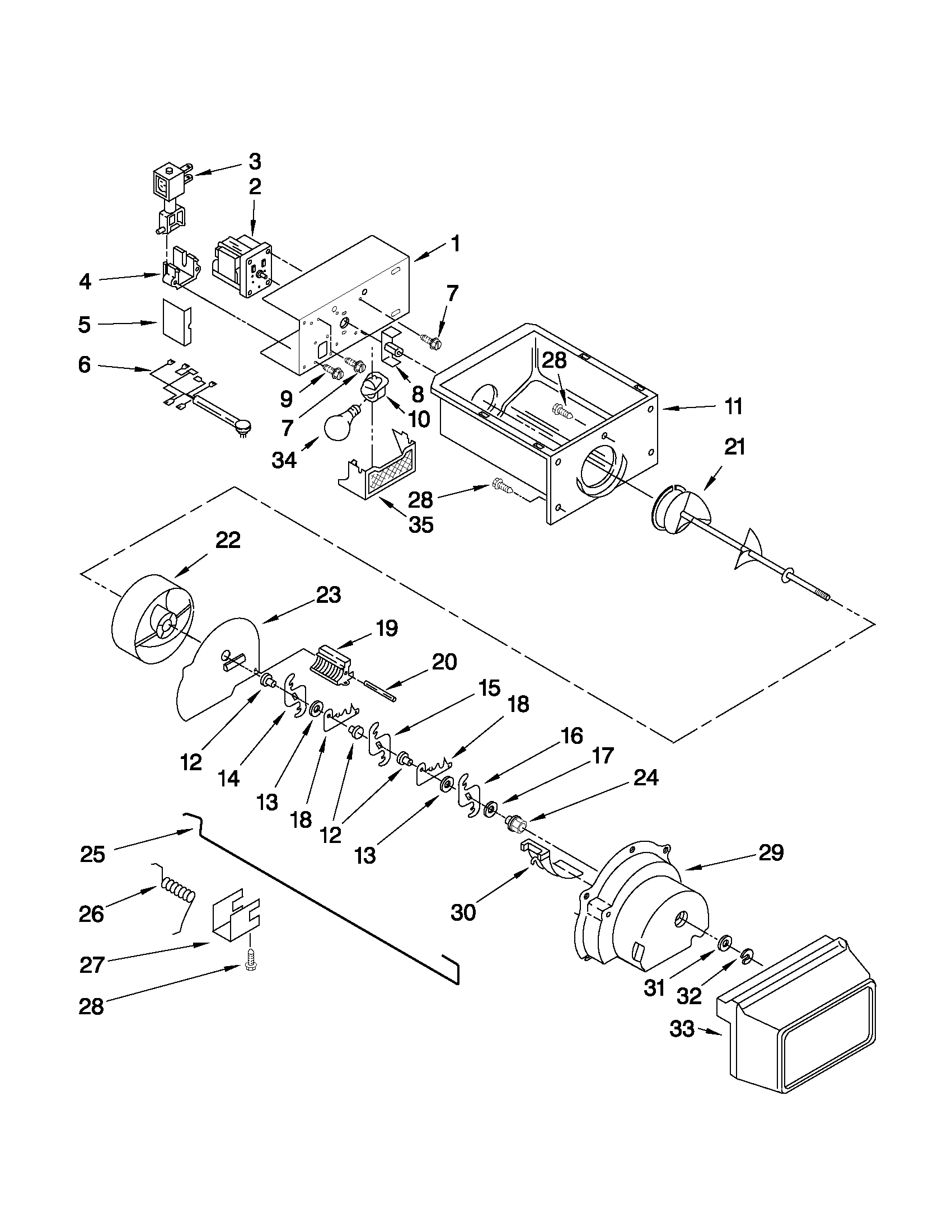 Whirlpool 6GD25DCXHW12 motor and ice container parts diagram