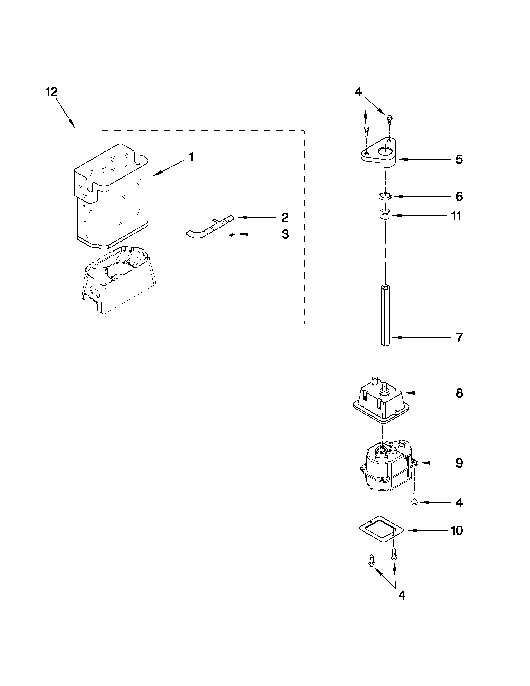 Maytag MSD2254VEY03 motor and ice container parts diagram