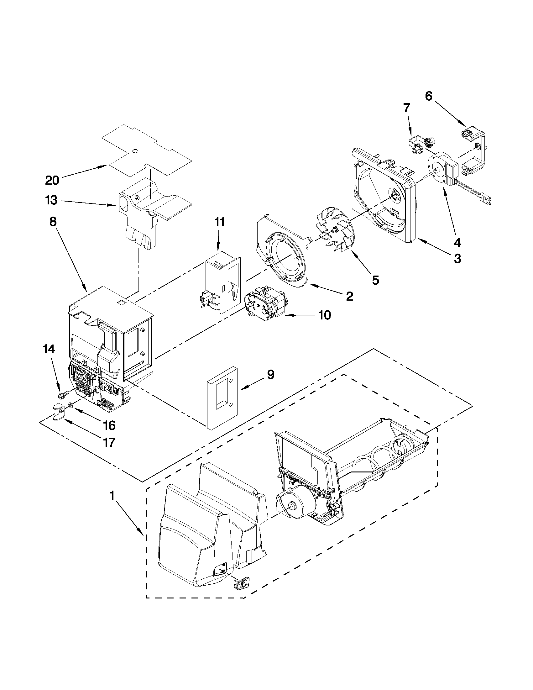 Maytag MFI2569YEM2 motor and ice container parts diagram