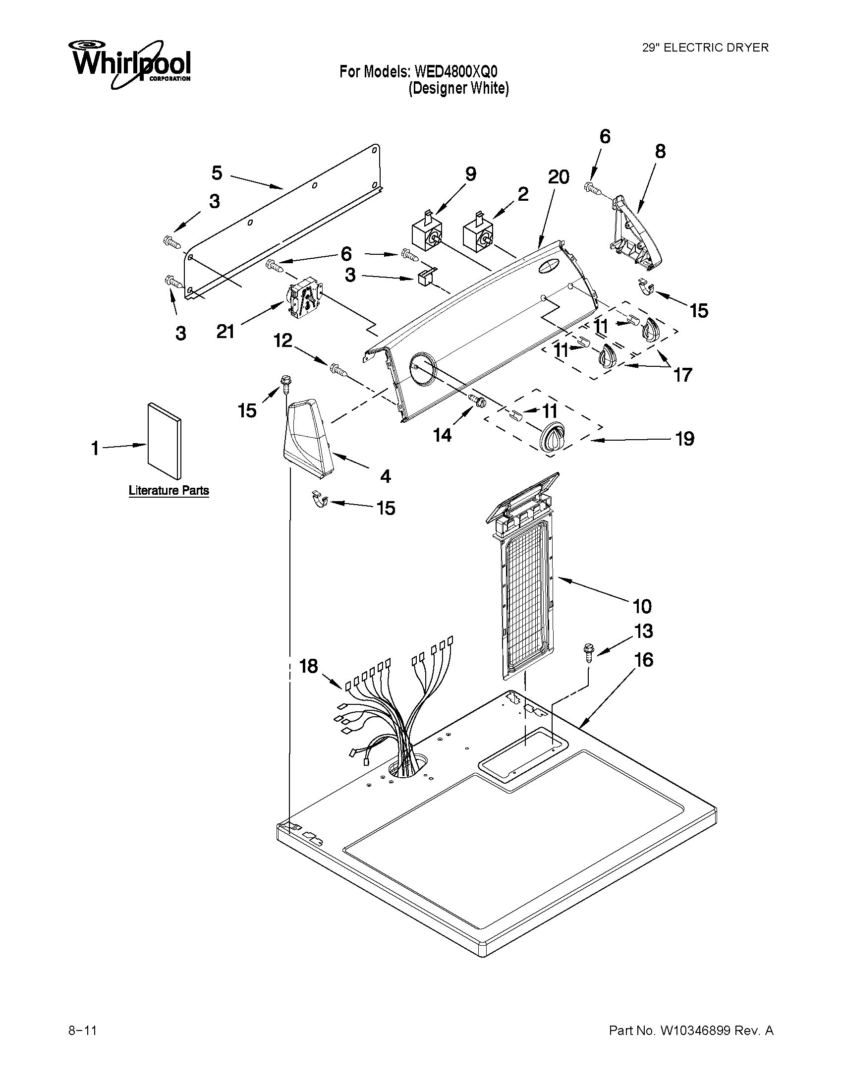Whirlpool WED4800XQ0 top and console parts diagram
