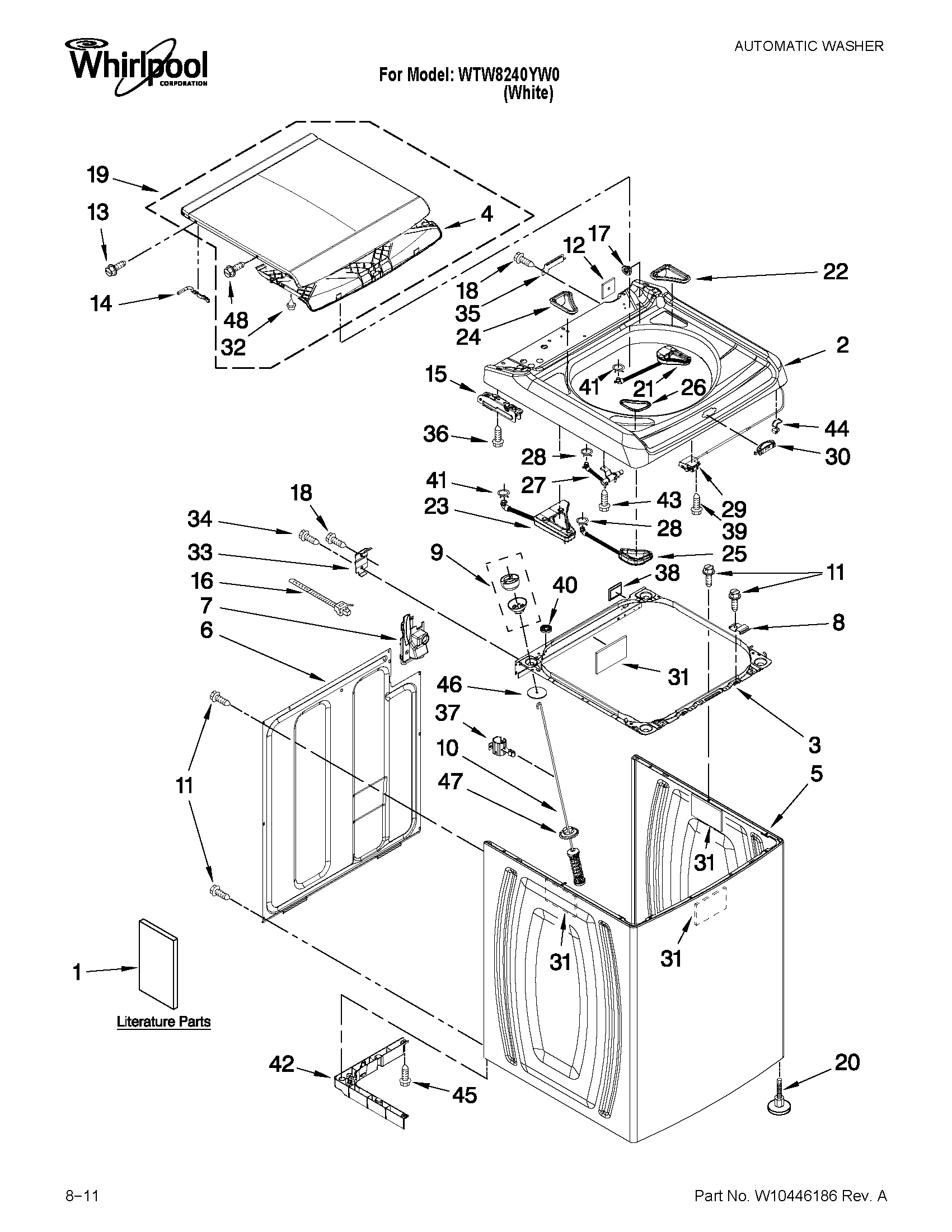 Whirlpool WTW8240YW0 top and cabinet parts diagram