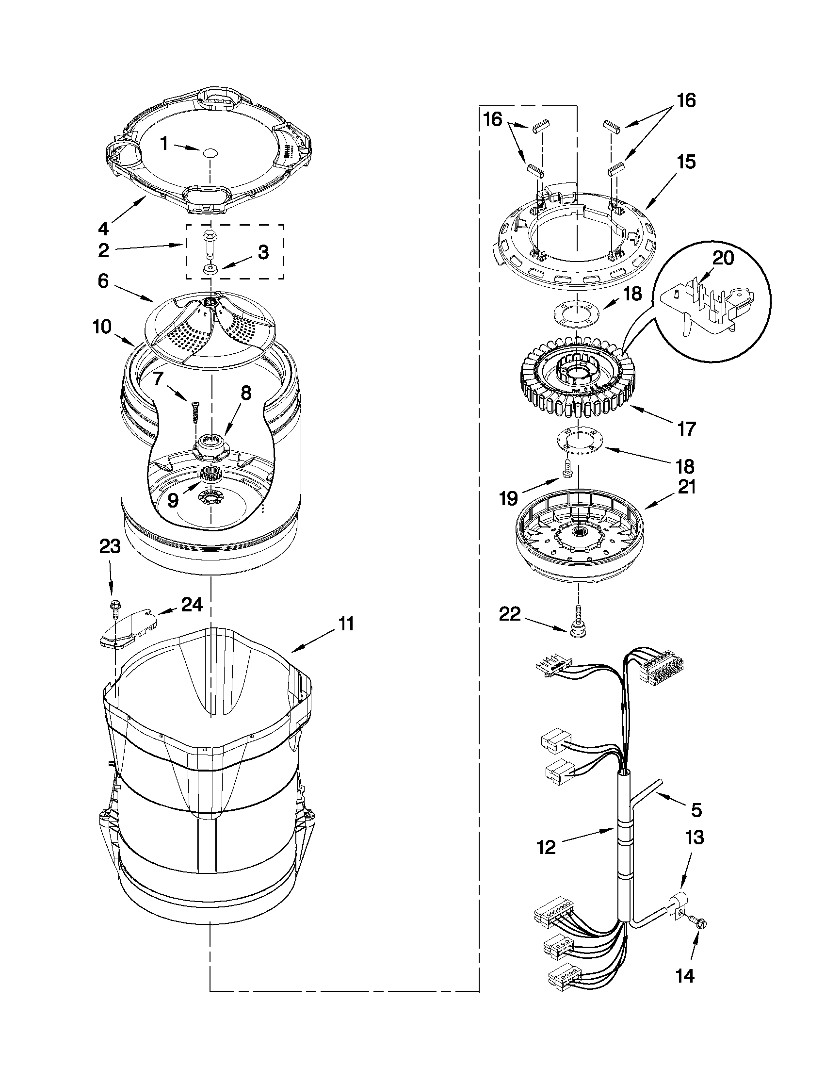 Whirlpool WTW8240YW0 motor, basket and tub parts diagram