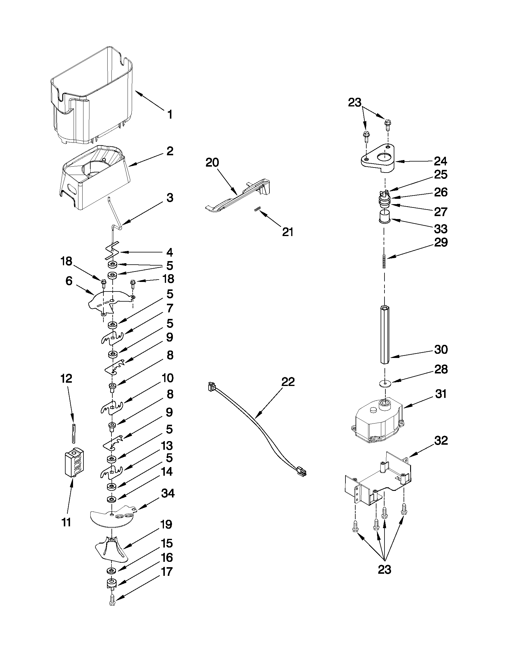 KitchenAid KSCS23FVWH03 motor and ice container parts diagram
