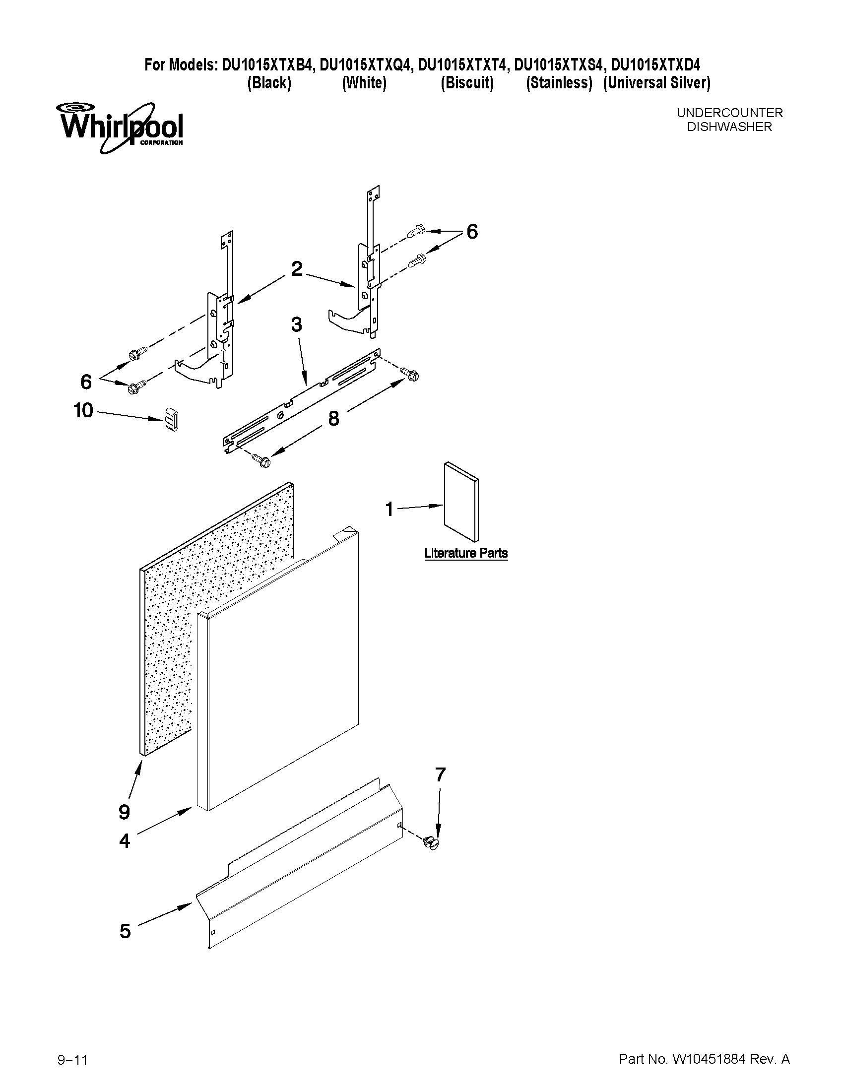 Whirlpool DU1015XTXD4 door and panel parts diagram