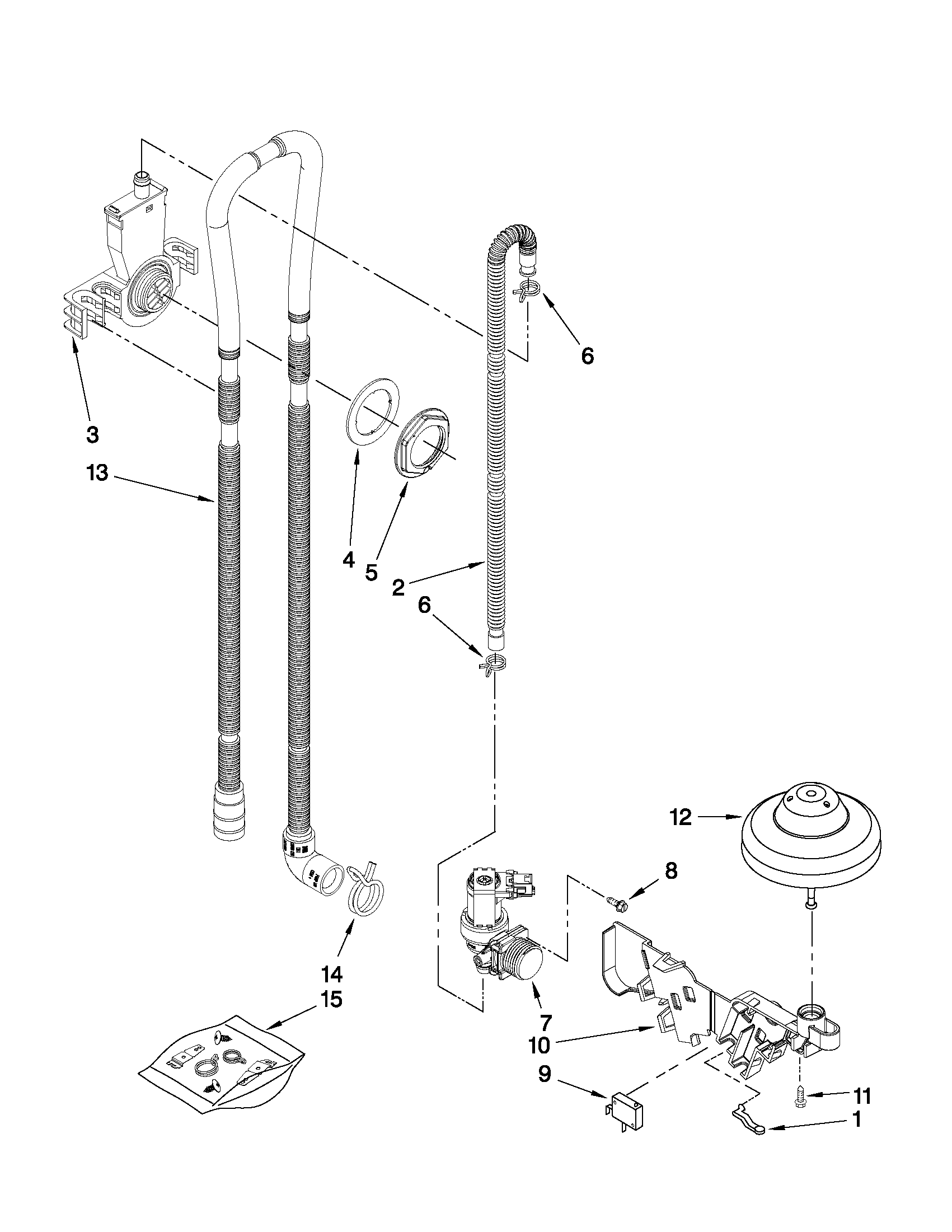 Whirlpool DU1015XTXD4 fill, drain and overfill parts diagram