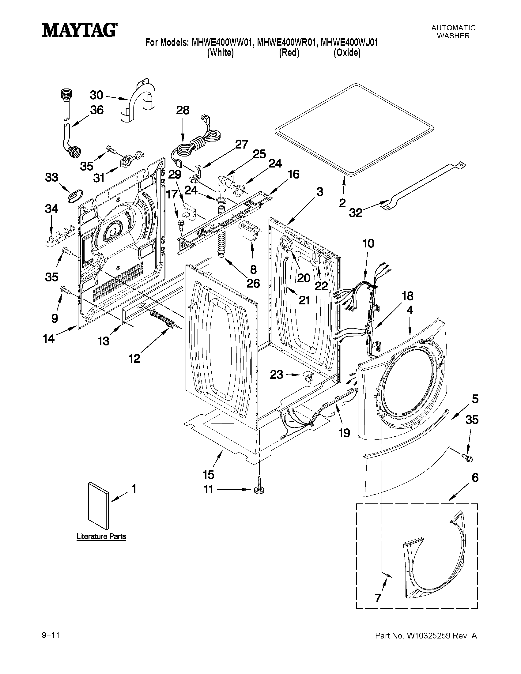Maytag MHWE400WW01 top and cabinet parts diagram