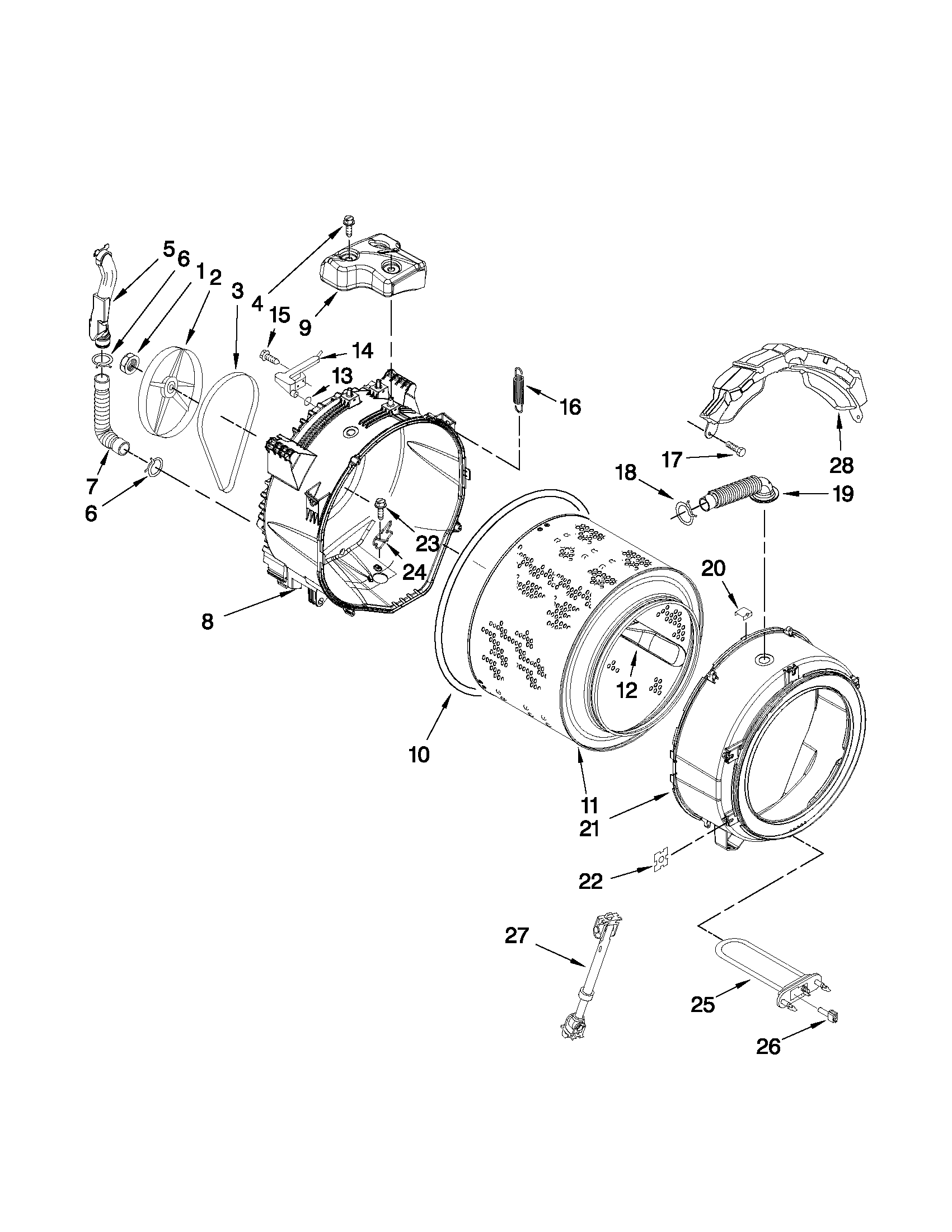 Maytag MHWE400WW01 tub and basket parts diagram