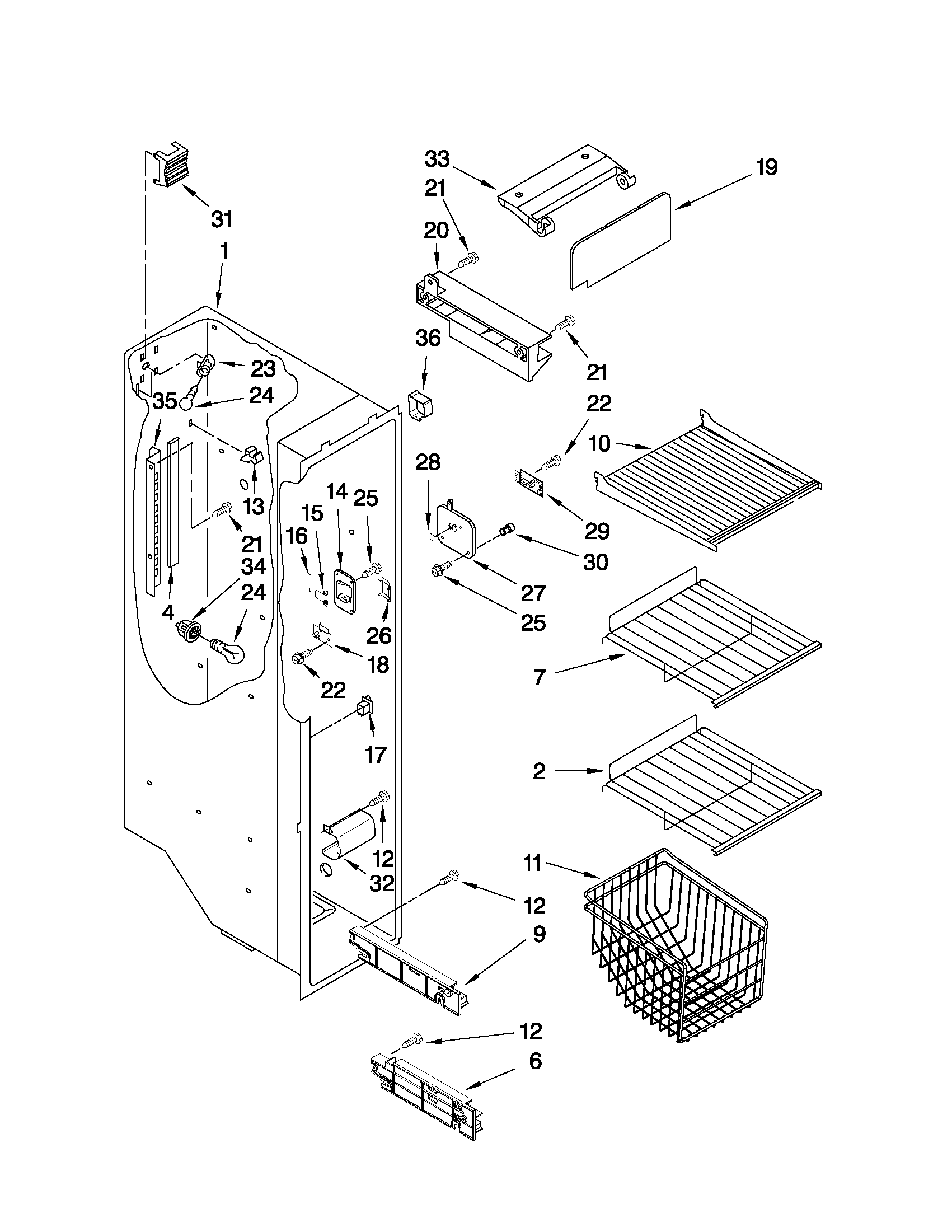 Maytag MSD2559XEM03 freezer liner parts diagram