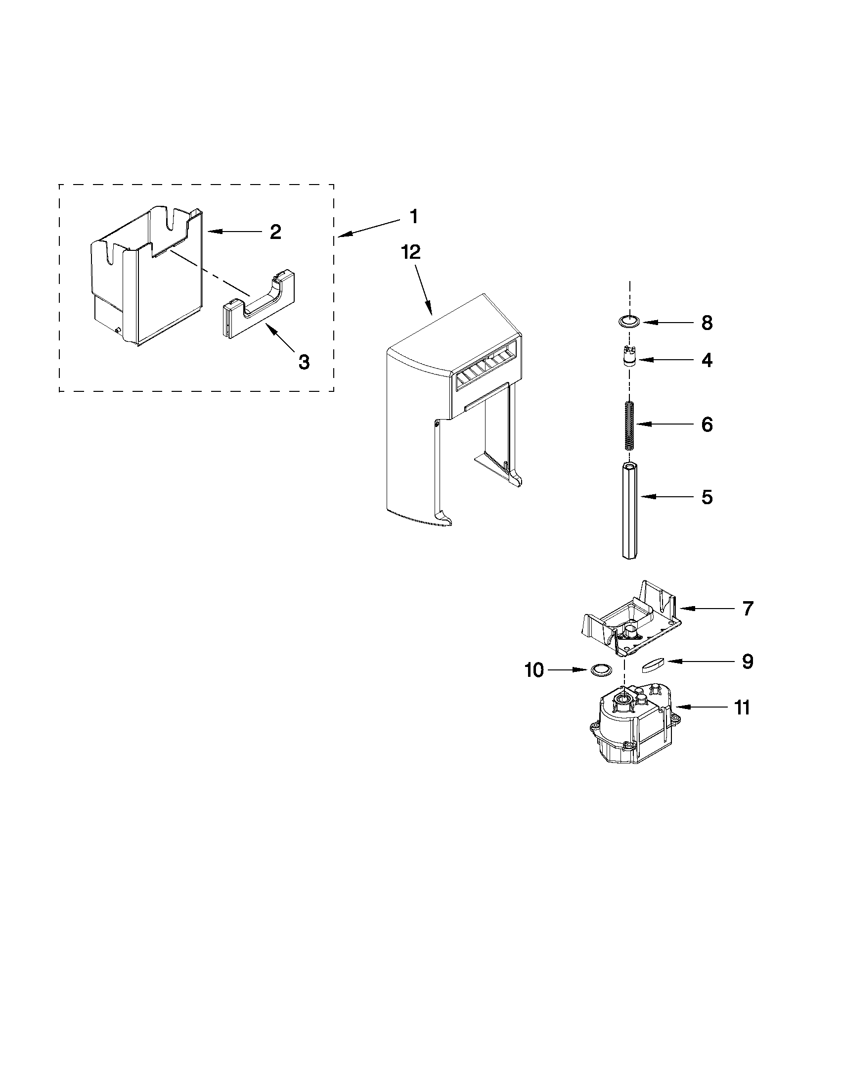 Whirlpool GSF26C4EXF02 motor and ice container parts diagram