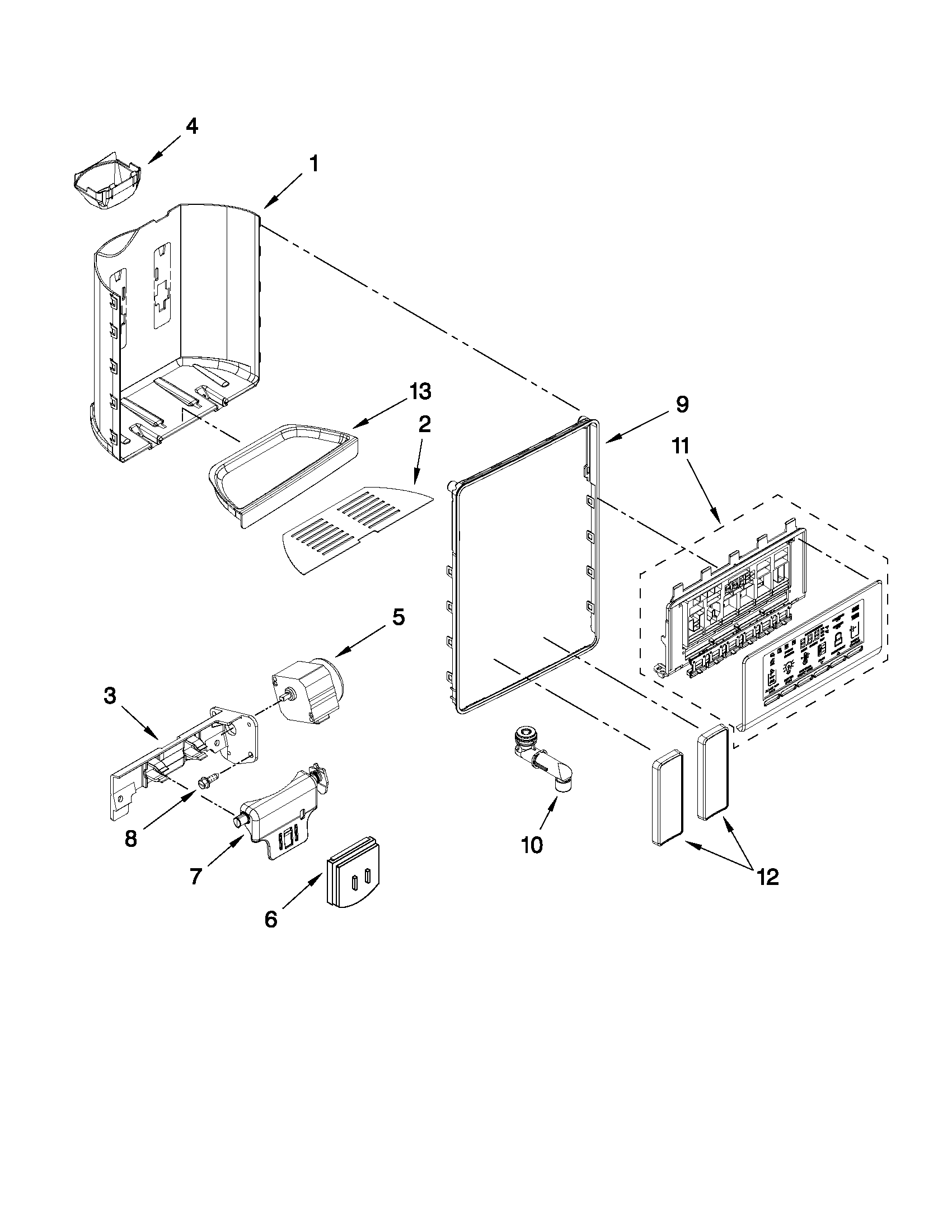 Whirlpool 7WSC19D2XS01 dispenser front parts diagram