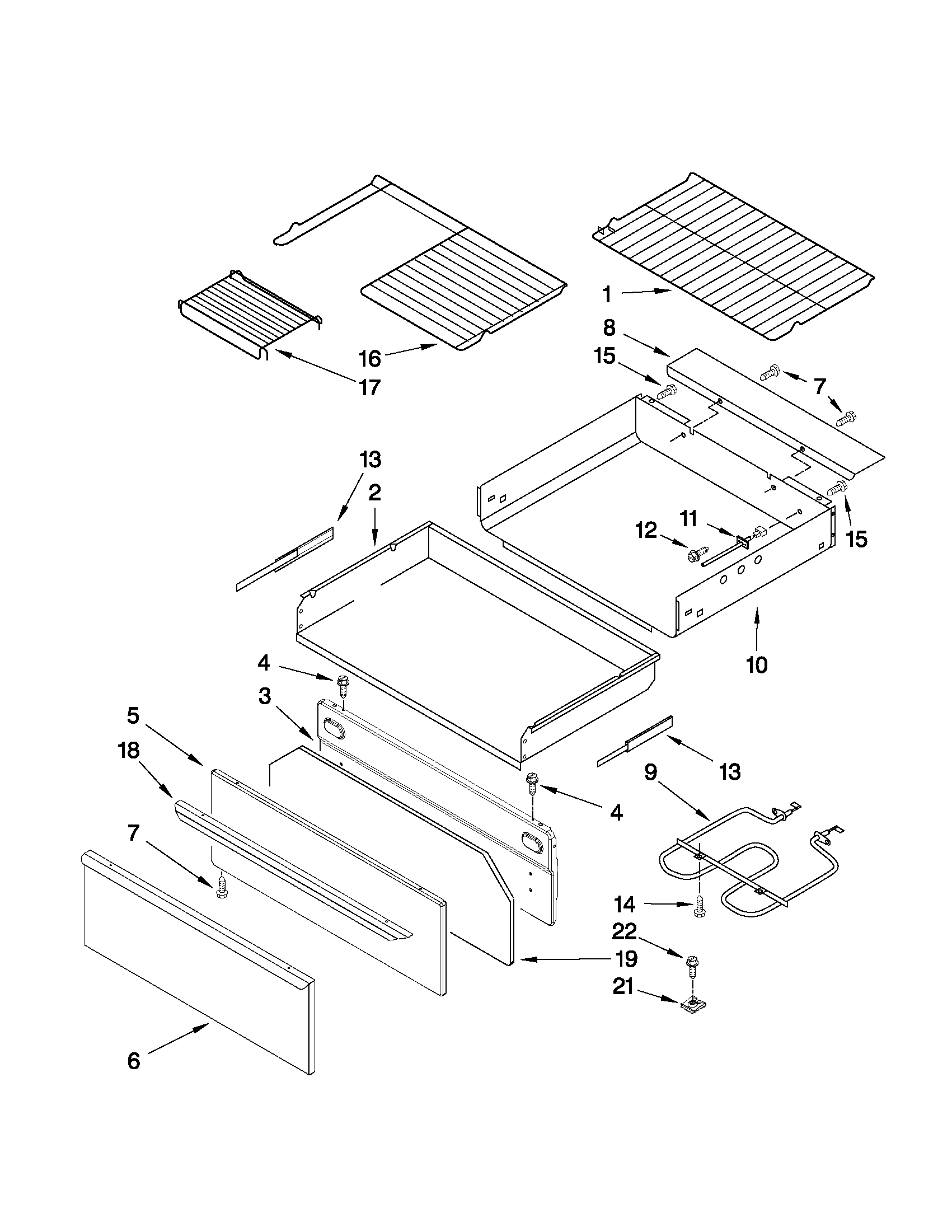 Whirlpool YGFE471LVQ1 drawer and rack parts diagram