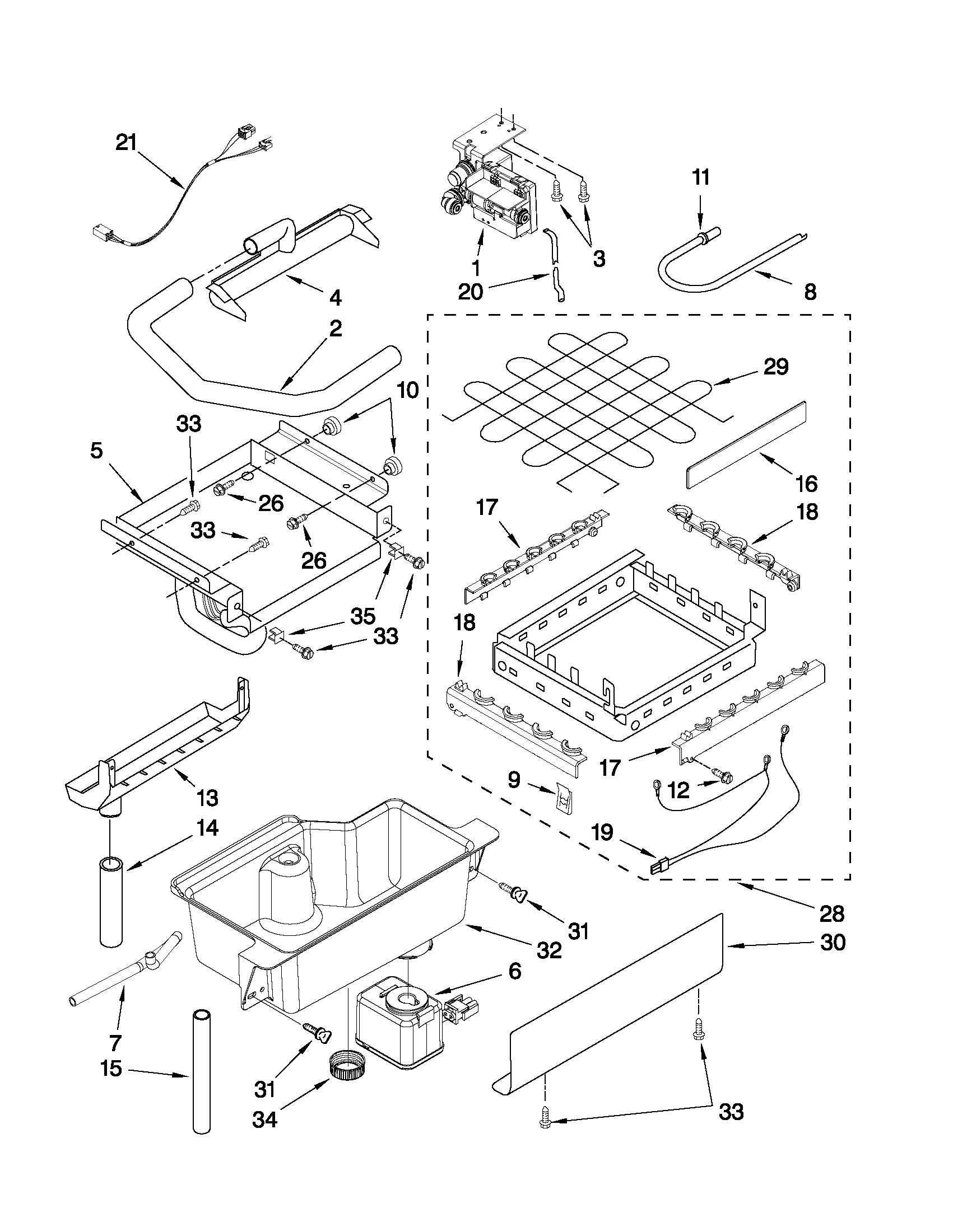 KitchenAid KUIS15NRXB1 evaporator, ice cutter grid and water parts diagram