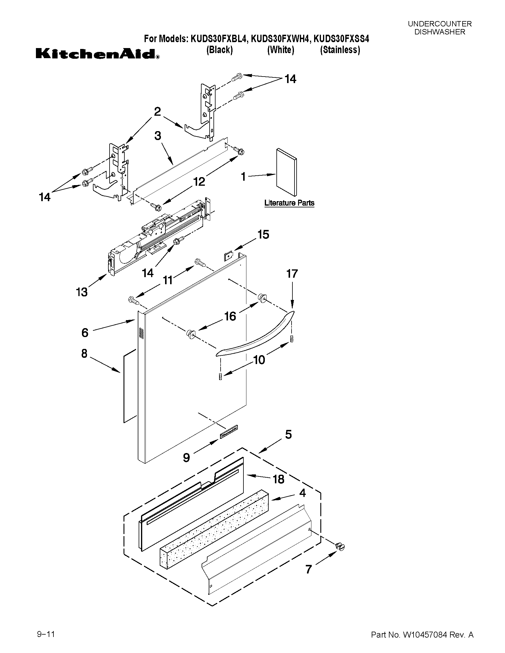KitchenAid KUDS30FXBL4 door and panel parts diagram