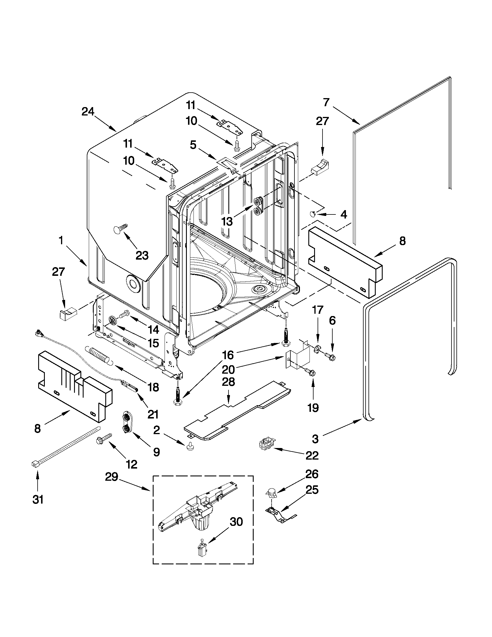 KitchenAid KUDS30FXBL4 tub and frame parts diagram
