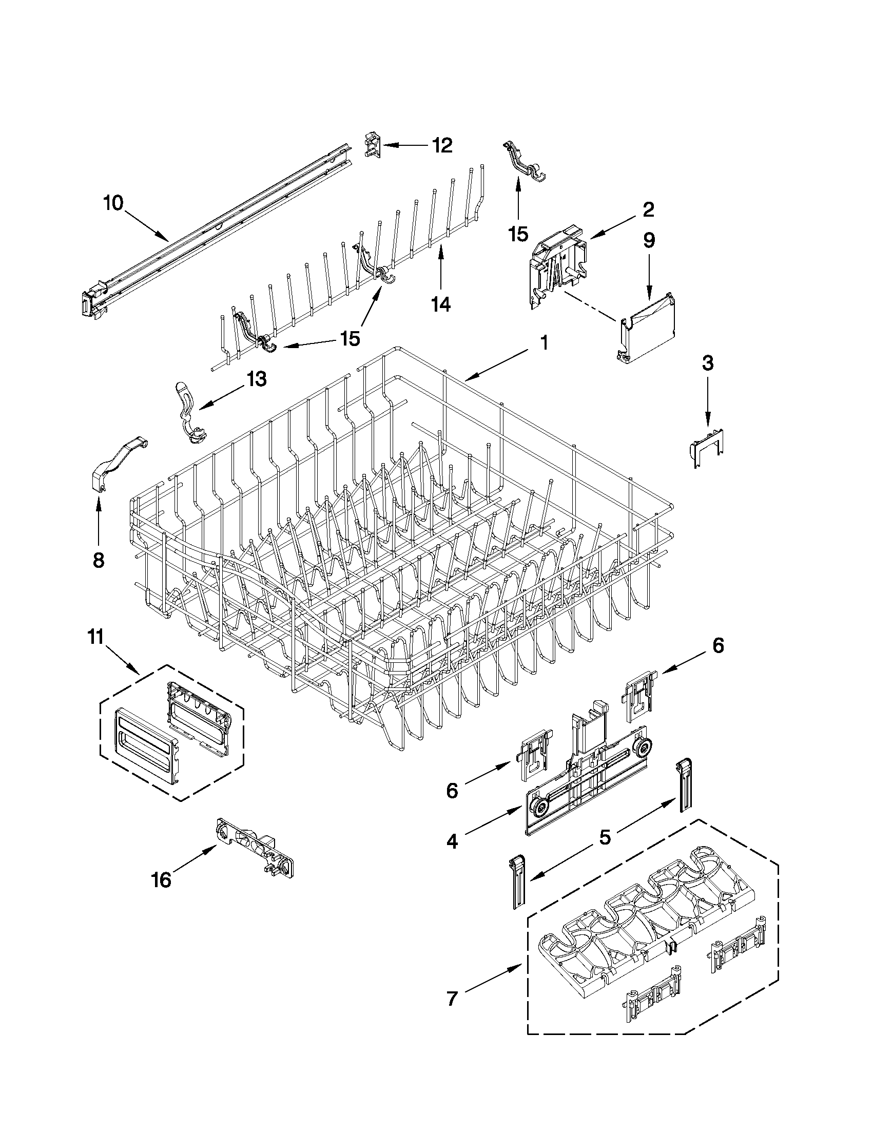 KitchenAid KUDS30FXBL4 upper rack and track parts diagram