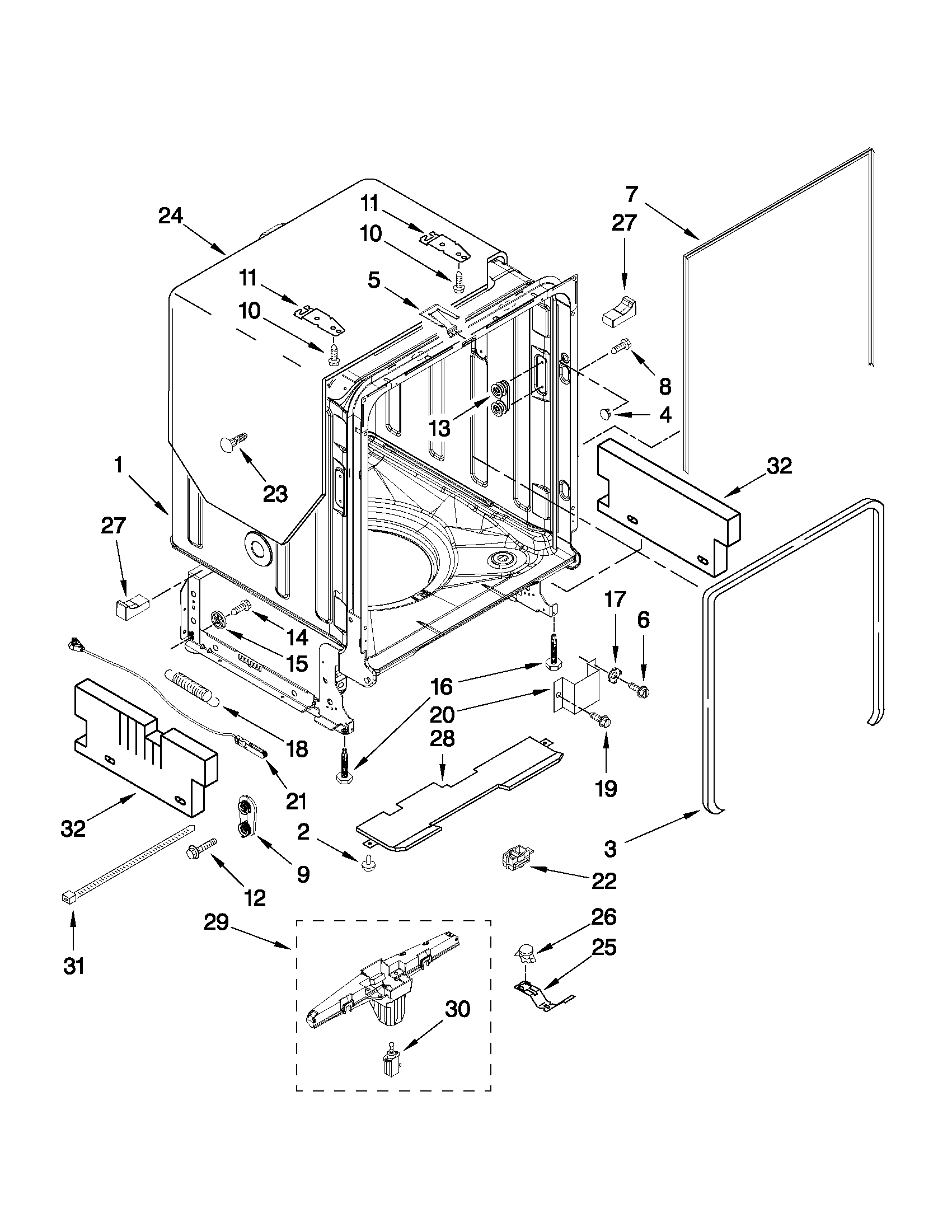 KitchenAid KUDS30FXPA4 tub and frame parts diagram