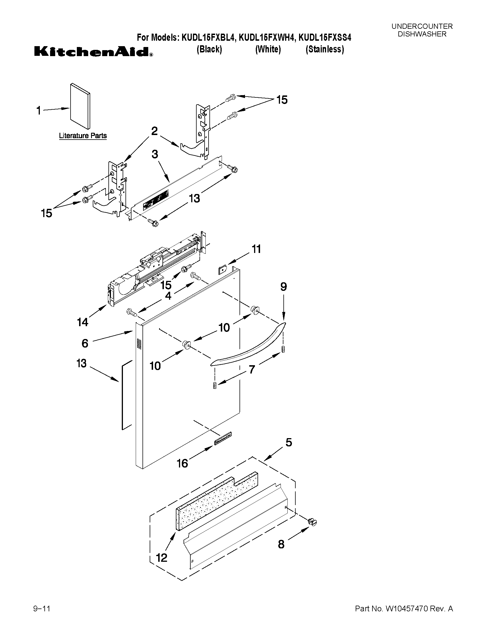 KitchenAid KUDL15FXWH4 door and panel parts diagram