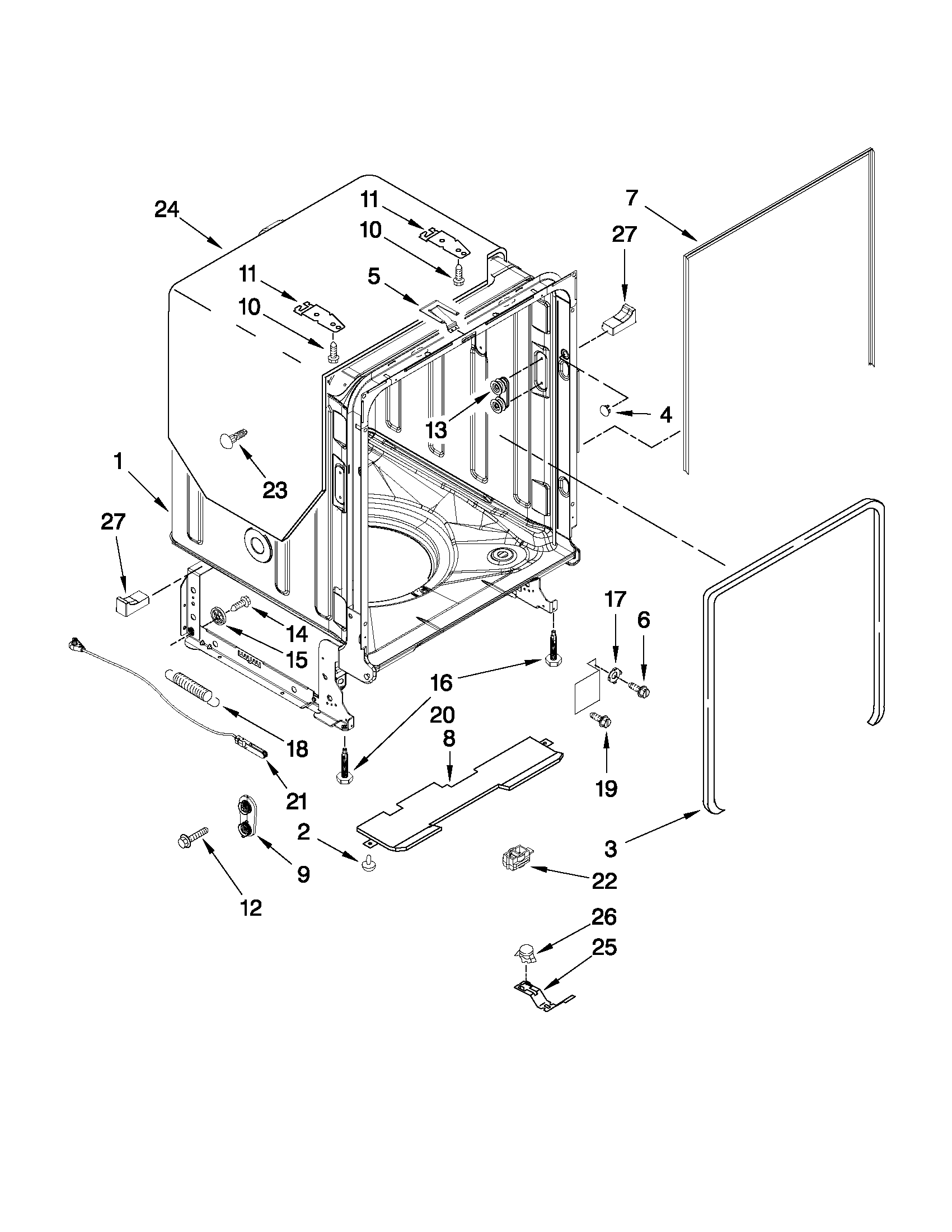 KitchenAid KUDL15FXWH4 tub and frame parts diagram