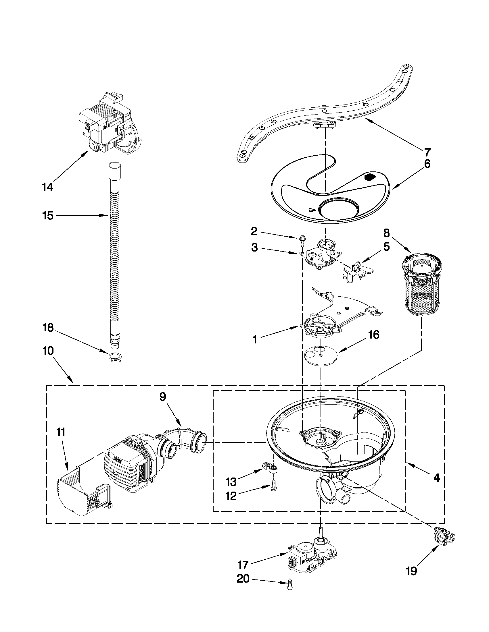 KitchenAid KUDL15FXWH4 pump, washarm and motor parts diagram